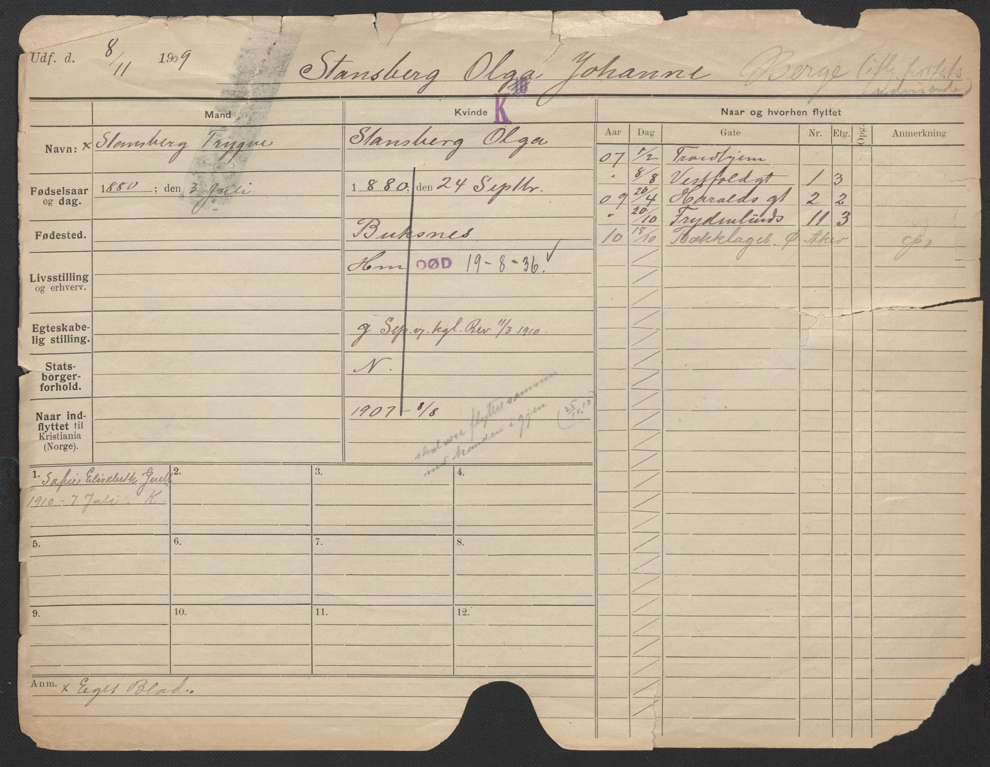 Oslo folkeregister, Registerkort, AV/SAO-A-11715/F/Fa/Fac/L0024: Kvinner, 1906-1914, p. 207a