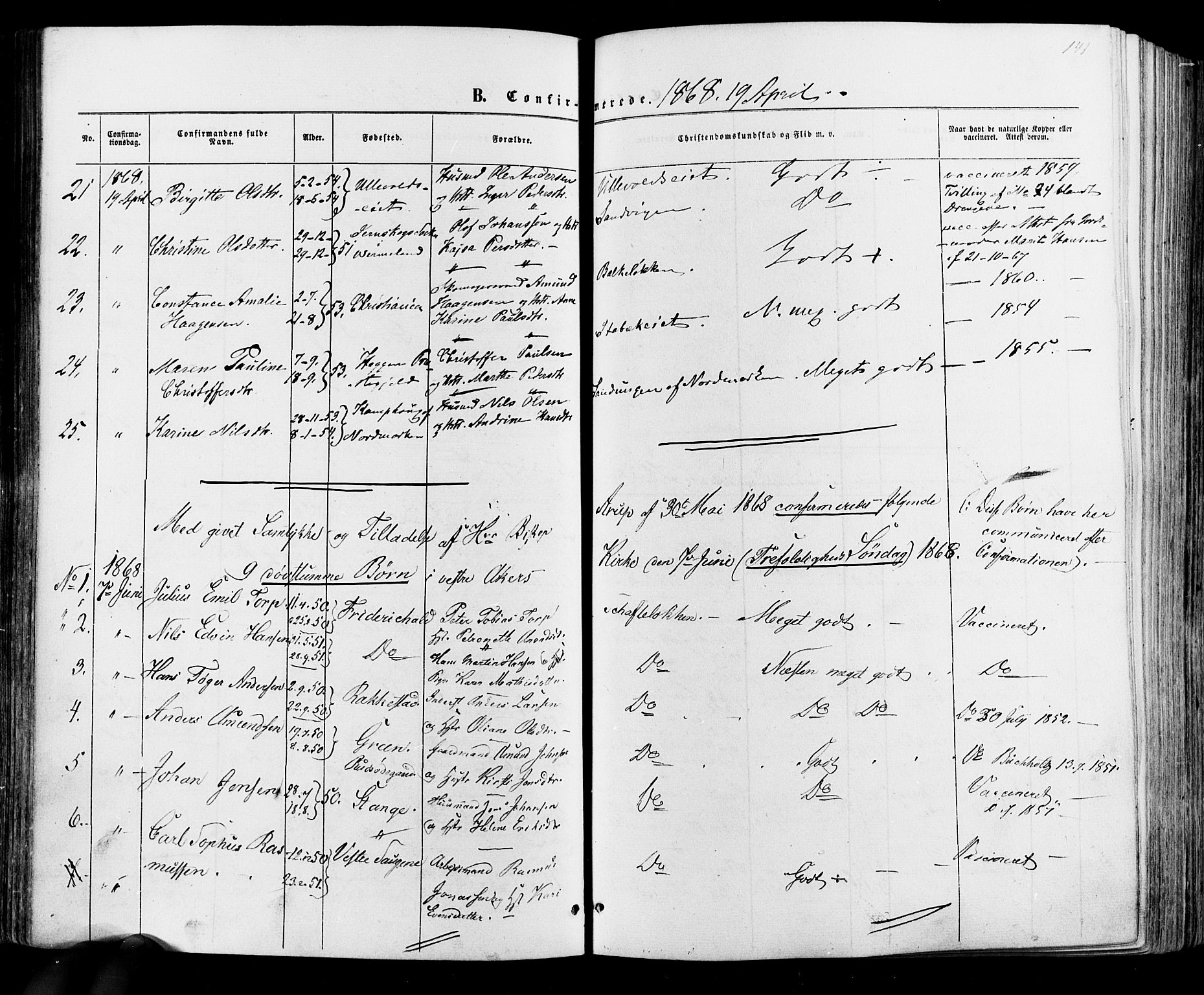 Vestre Aker prestekontor Kirkebøker, AV/SAO-A-10025/F/Fa/L0005: Parish register (official) no. 5, 1859-1877, p. 141