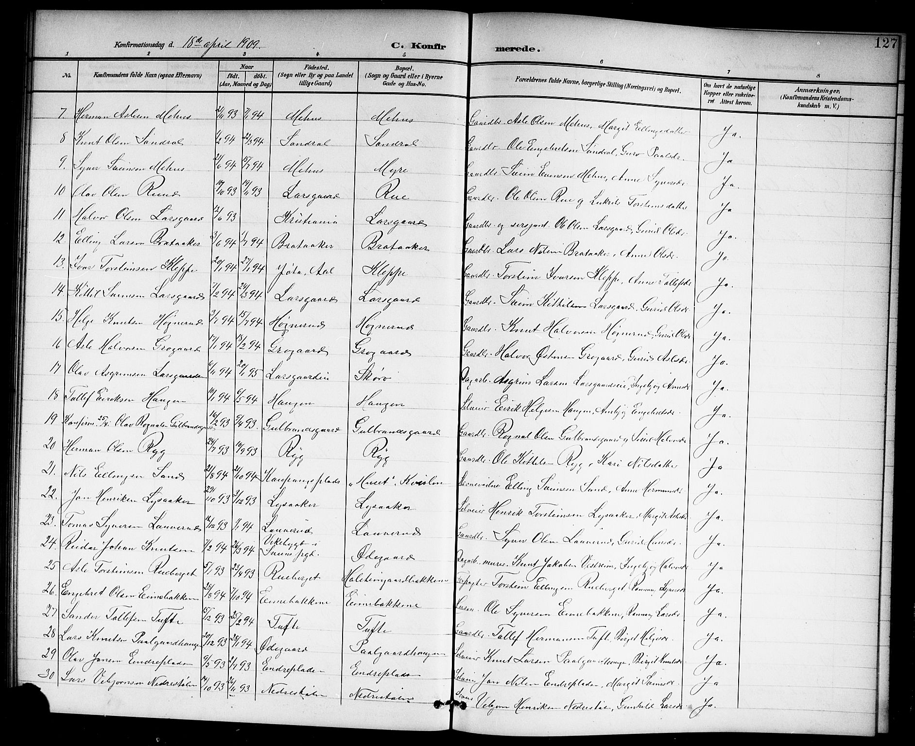 Hol kirkebøker, AV/SAKO-A-227/G/Ga/L0001: Parish register (copy) no. I 1, 1900-1919, p. 127