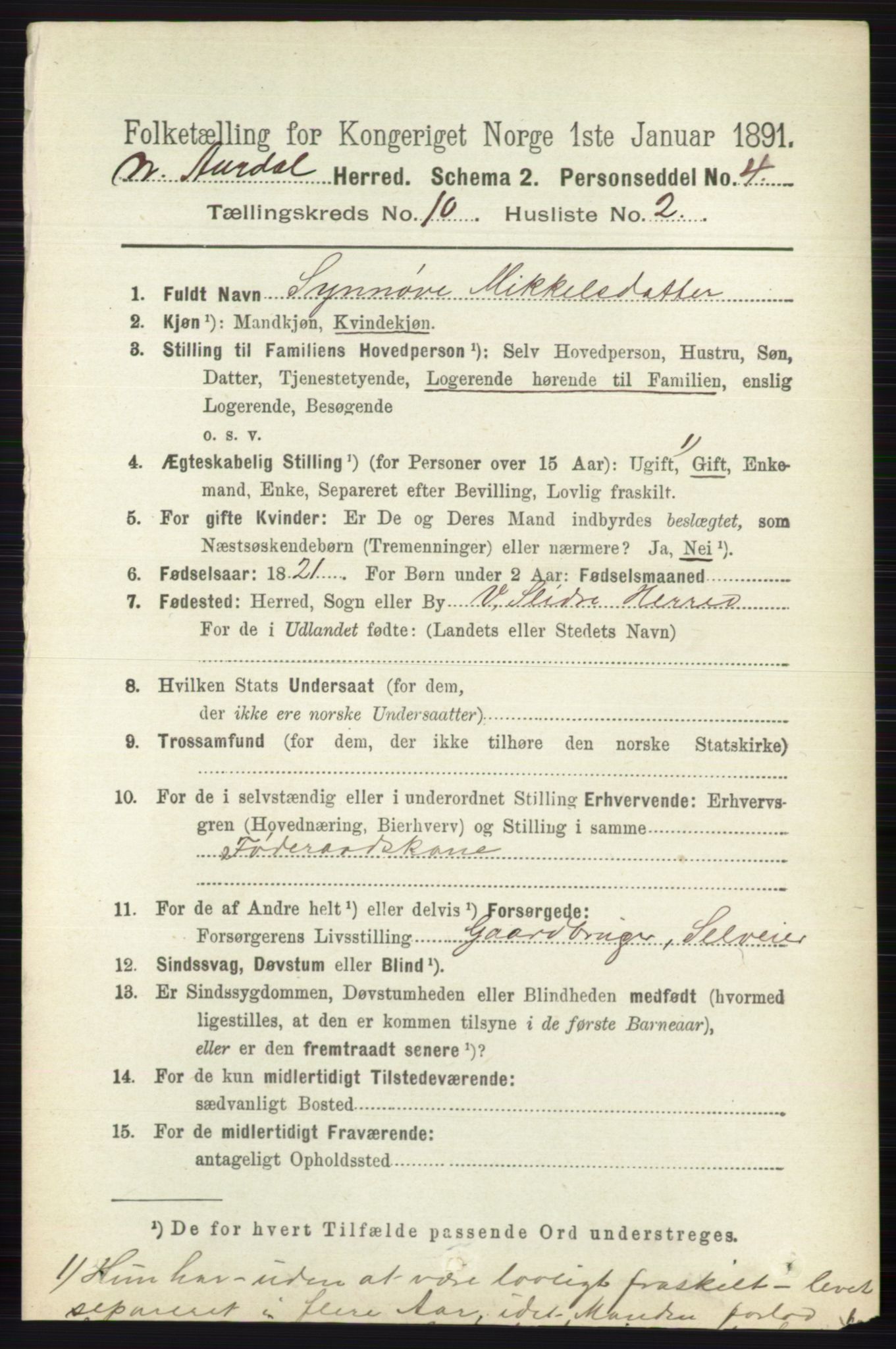 RA, 1891 census for 0542 Nord-Aurdal, 1891, p. 3742