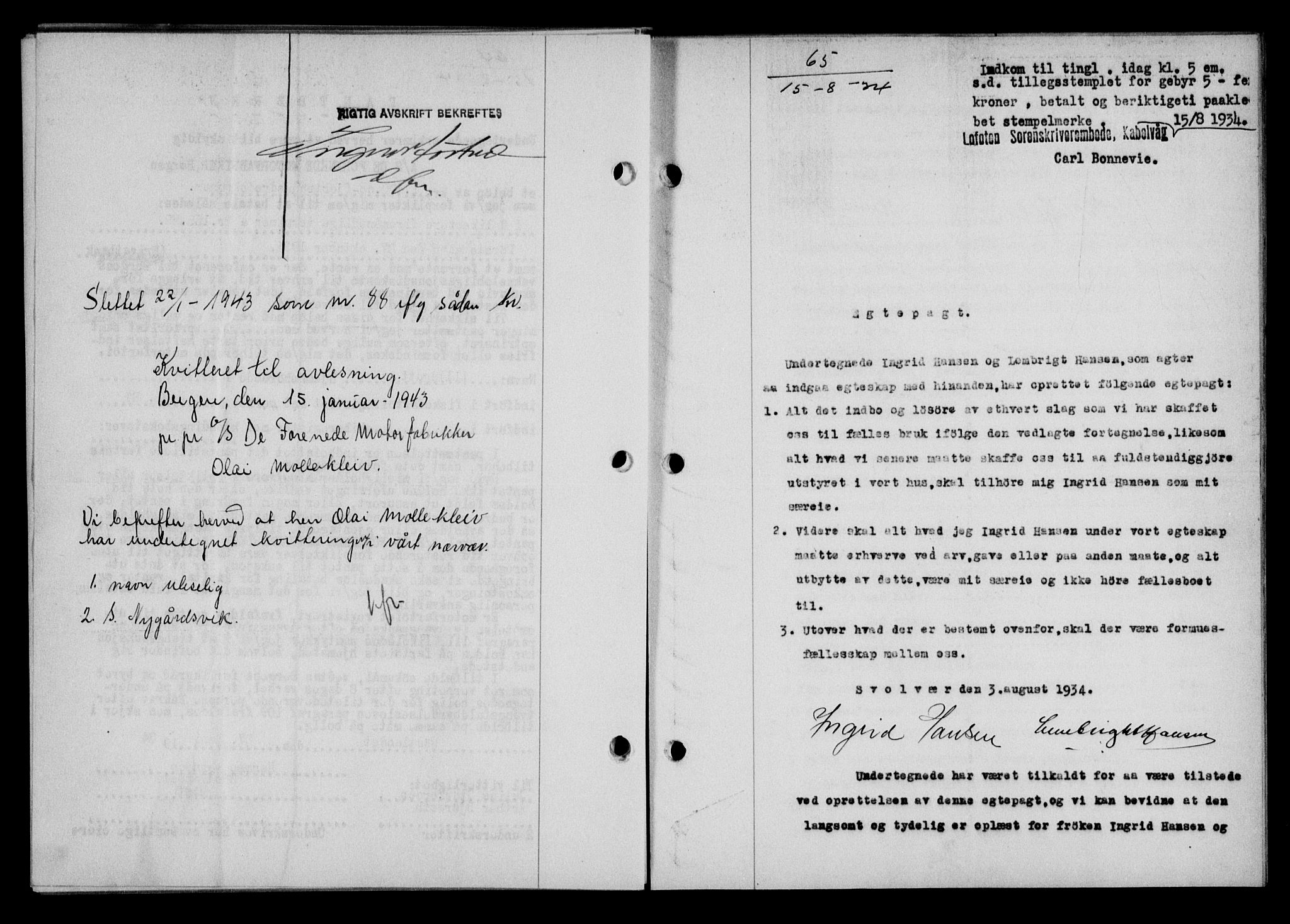 Lofoten sorenskriveri, SAT/A-0017/1/2/2C/L0030b: Mortgage book no. 30b, 1934-1934, Deed date: 15.08.1934
