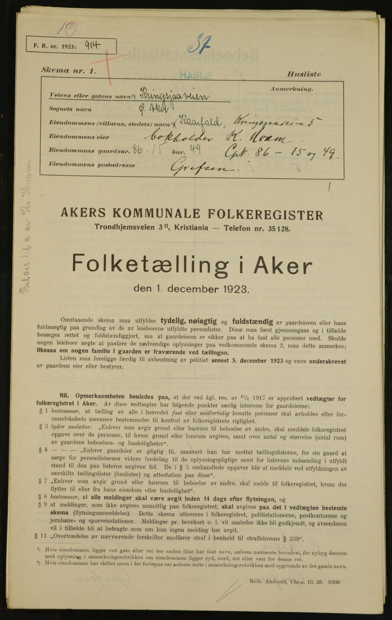 , Municipal Census 1923 for Aker, 1923, p. 28424