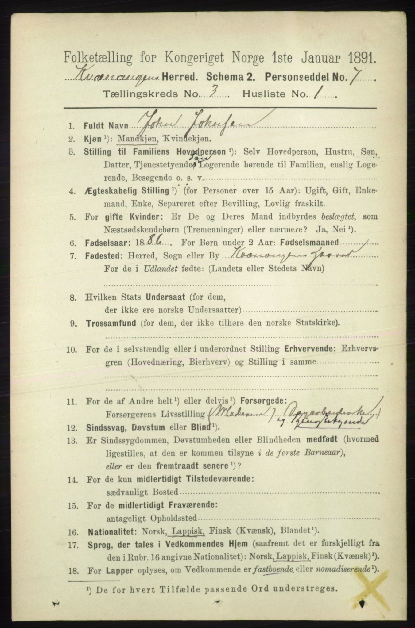 RA, 1891 census for 1943 Kvænangen, 1891, p. 1071