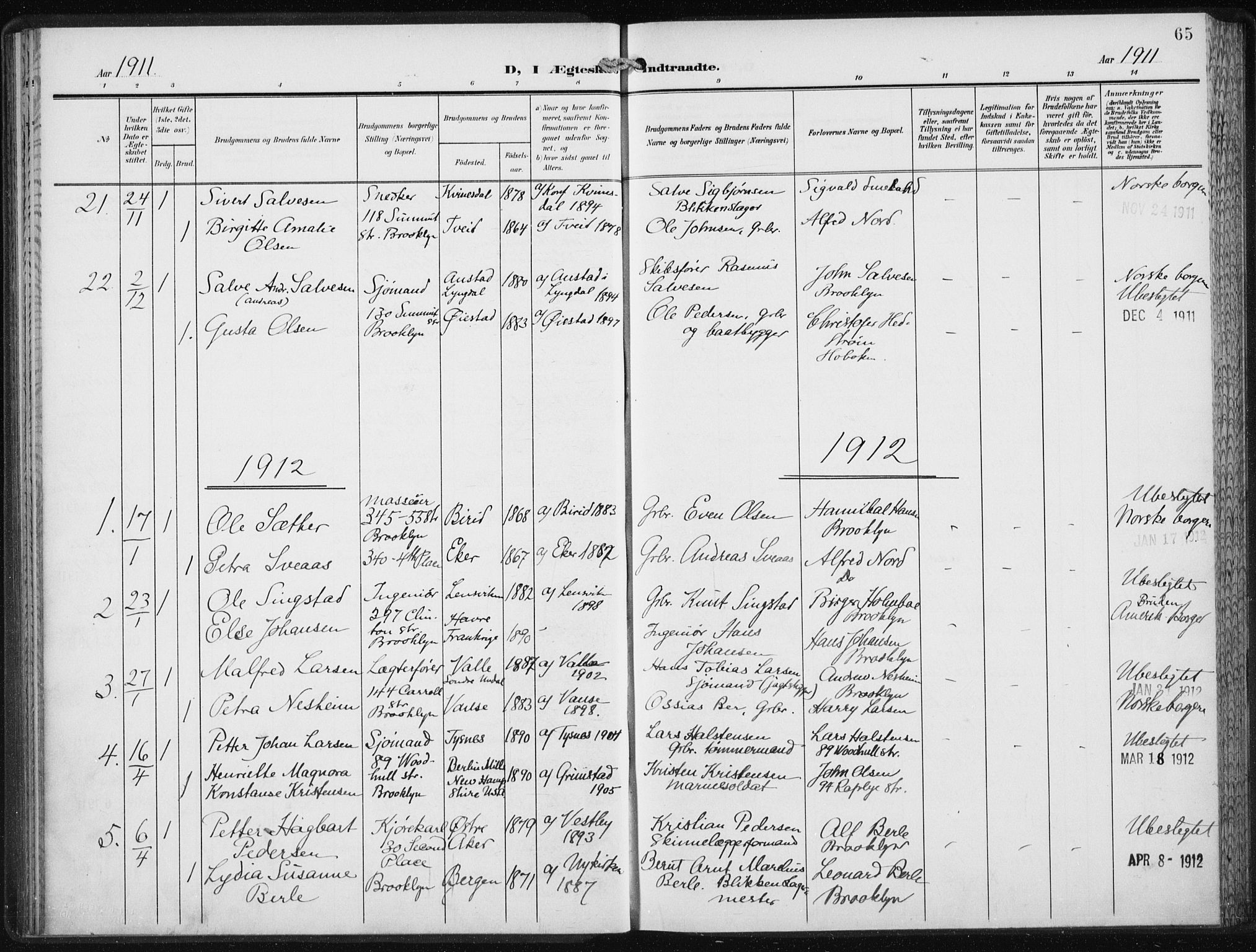 Den norske sjømannsmisjon i utlandet/New York, SAB/SAB/PA-0110/H/Ha/L0006: Parish register (official) no. A 6, 1909-1914, p. 65