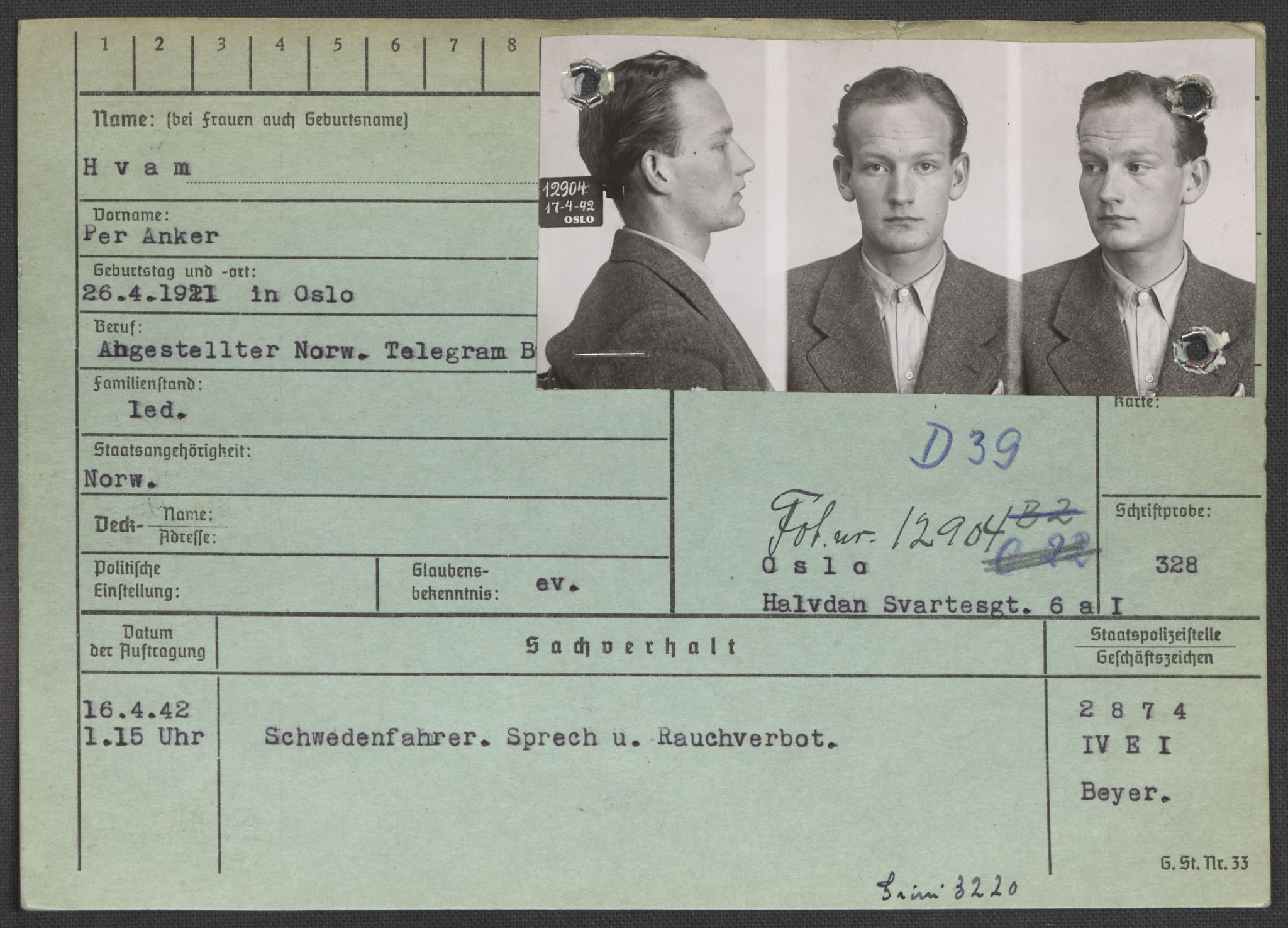 Befehlshaber der Sicherheitspolizei und des SD, AV/RA-RAFA-5969/E/Ea/Eaa/L0004: Register over norske fanger i Møllergata 19: Hal-Hæ, 1940-1945, p. 1457