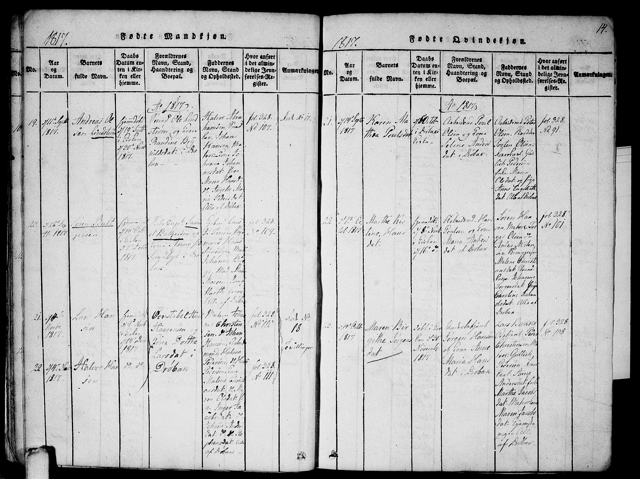 Drøbak prestekontor Kirkebøker, AV/SAO-A-10142a/F/Fa/L0001: Parish register (official) no. I 1, 1816-1842, p. 14