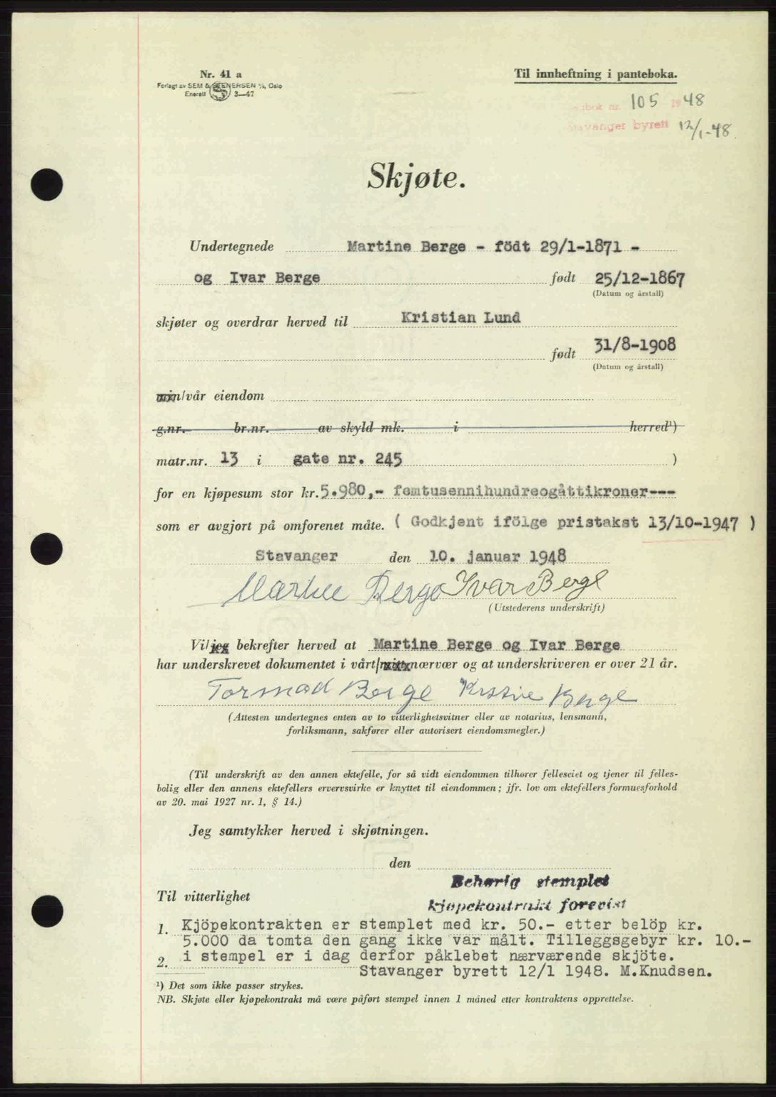 Stavanger byrett, SAST/A-100455/002/G/Gb/L0022: Mortgage book no. A11, 1947-1948, Diary no: : 105/1948