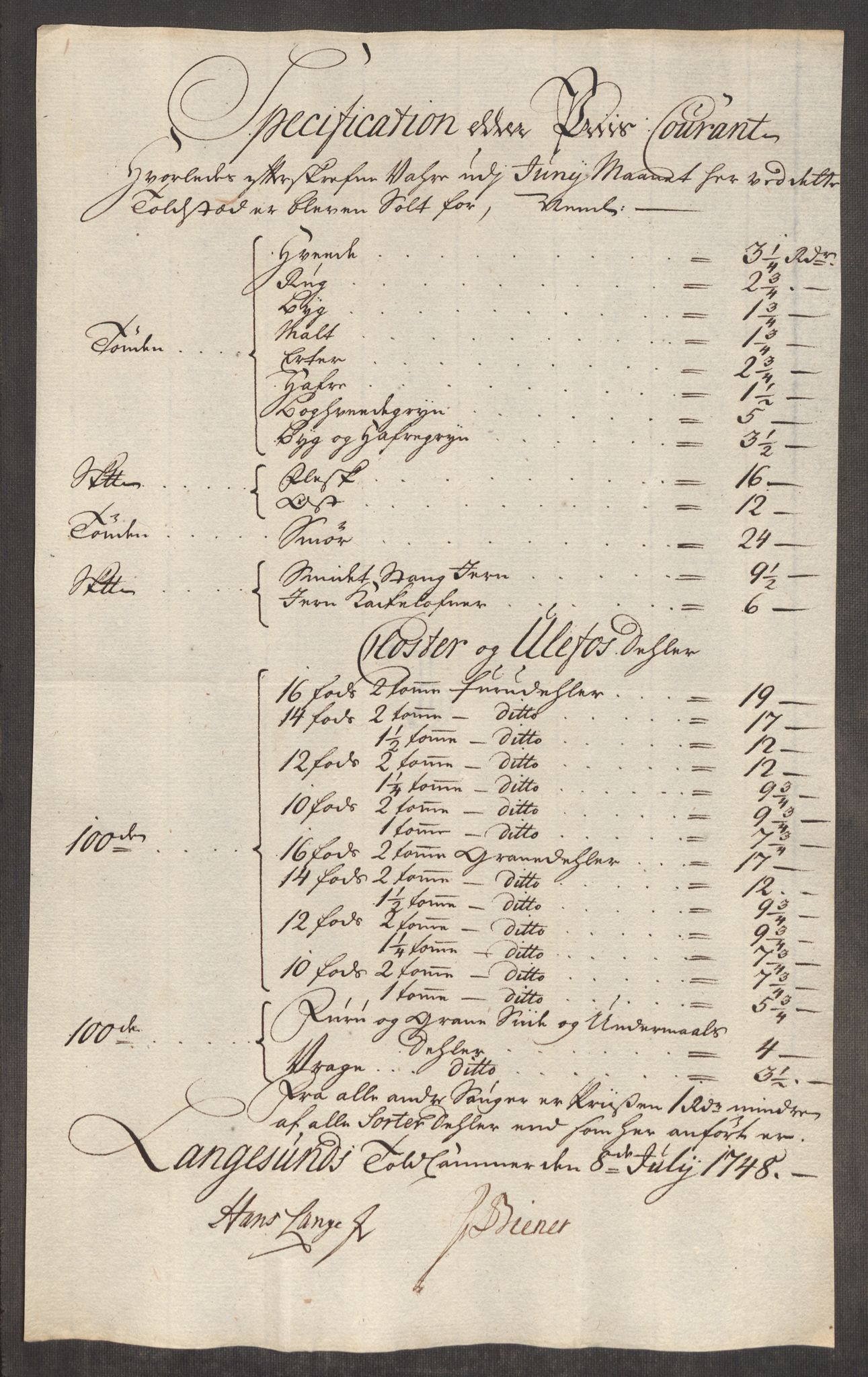 Rentekammeret inntil 1814, Realistisk ordnet avdeling, AV/RA-EA-4070/Oe/L0003: [Ø1]: Priskuranter, 1745-1748, p. 793