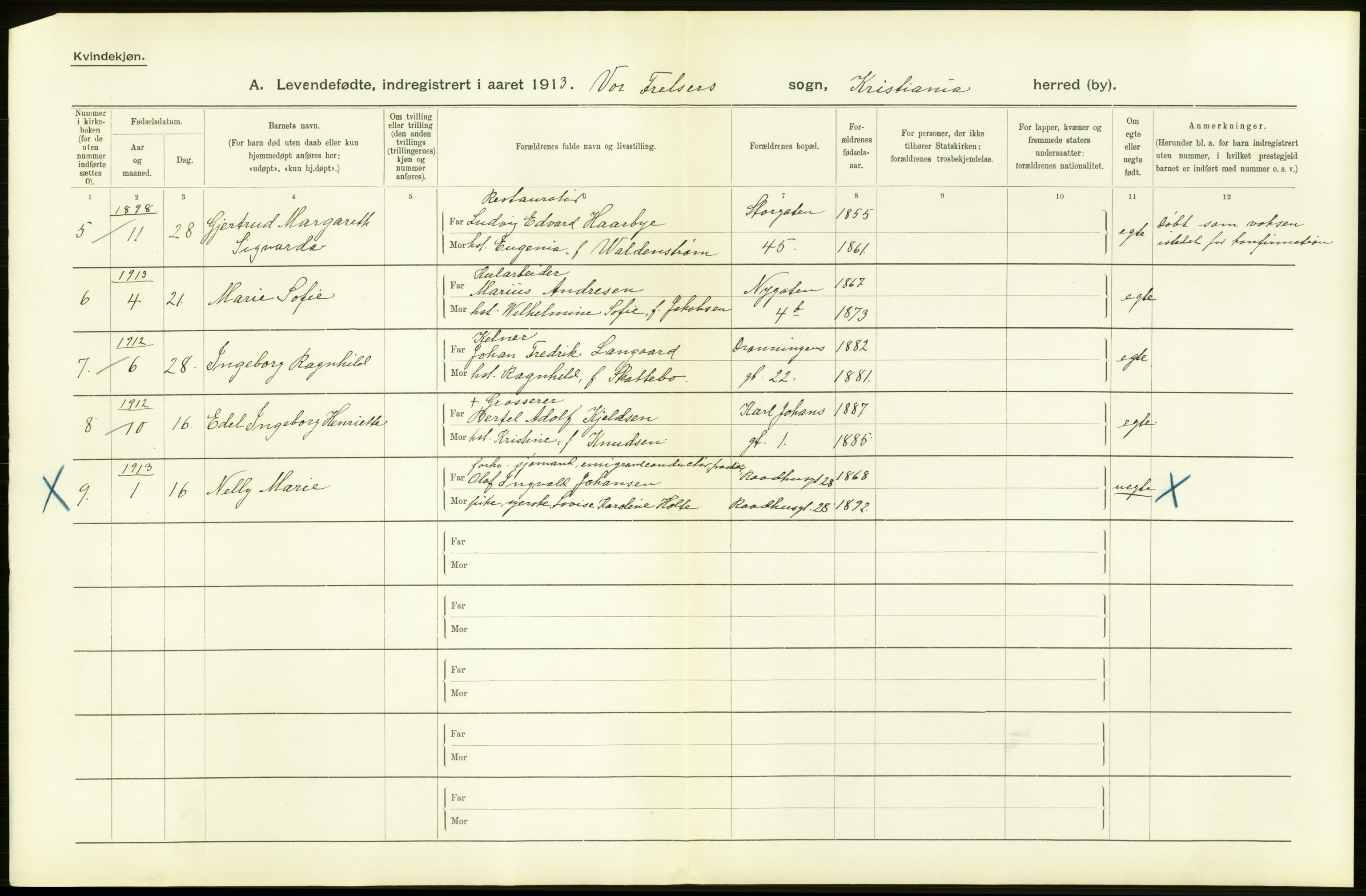 Statistisk sentralbyrå, Sosiodemografiske emner, Befolkning, AV/RA-S-2228/D/Df/Dfb/Dfbc/L0006: Kristiania: Levendefødte menn og kvinner., 1913, p. 634