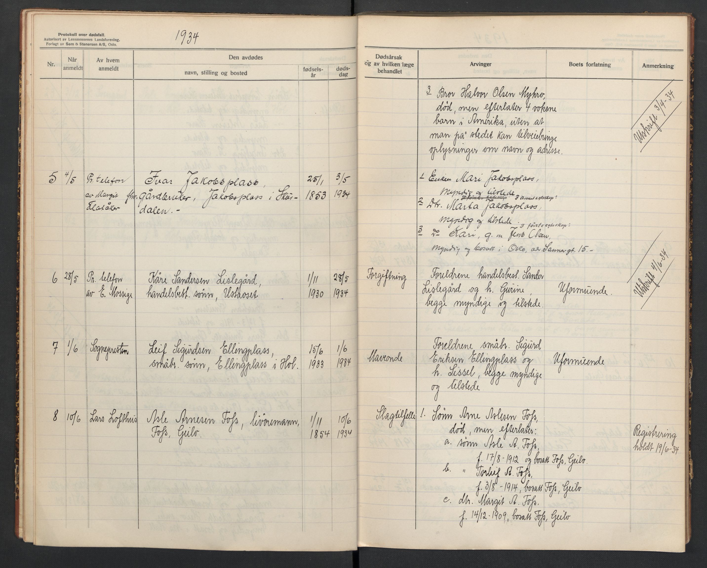 Hol lensmannskontor, AV/SAKO-A-512/H/Ha/L0007: Dødsanmeldelsesprotokoll, 1933-1941