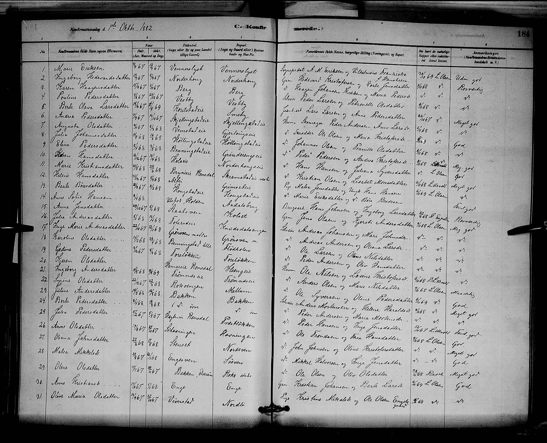 Løten prestekontor, AV/SAH-PREST-022/L/La/L0005: Parish register (copy) no. 5, 1878-1891, p. 184