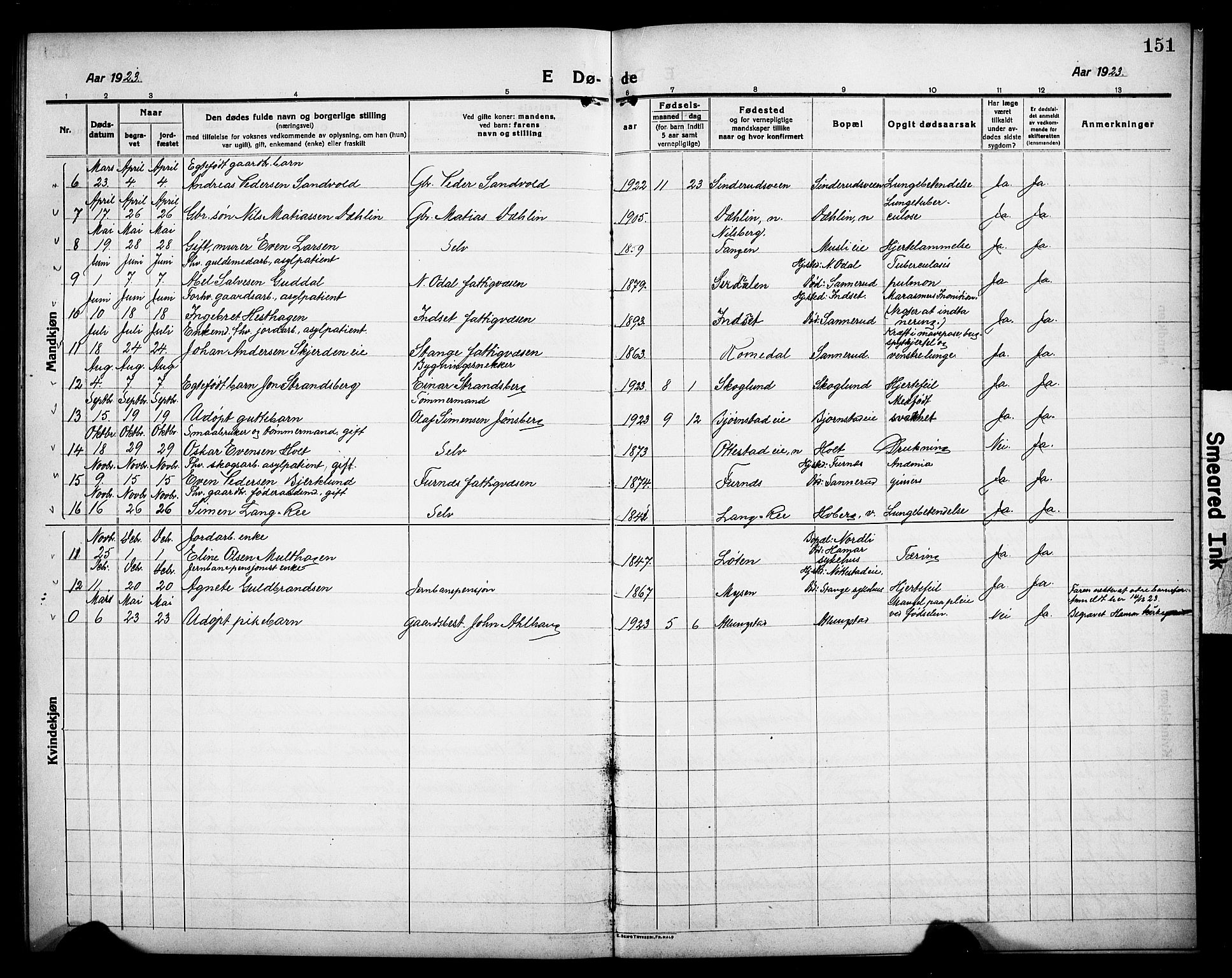 Stange prestekontor, AV/SAH-PREST-002/L/L0015: Parish register (copy) no. 15, 1916-1928, p. 151