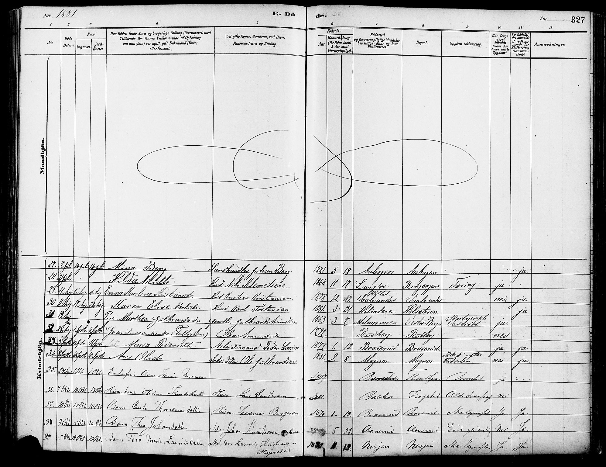 Eidskog prestekontor, AV/SAH-PREST-026/H/Ha/Haa/L0003: Parish register (official) no. 3, 1879-1892, p. 327