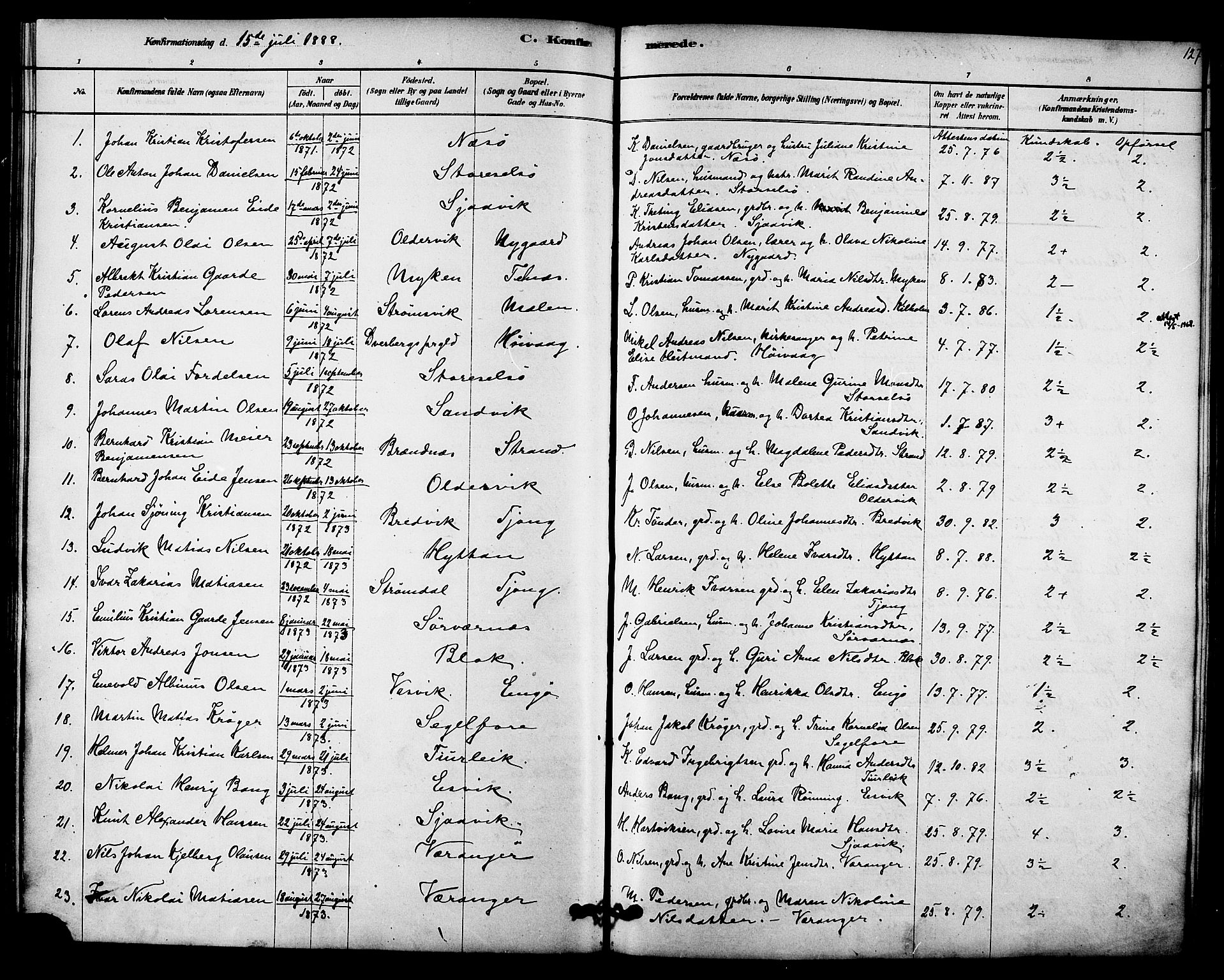 Ministerialprotokoller, klokkerbøker og fødselsregistre - Nordland, AV/SAT-A-1459/841/L0609: Parish register (official) no. 841A12, 1878-1901, p. 127