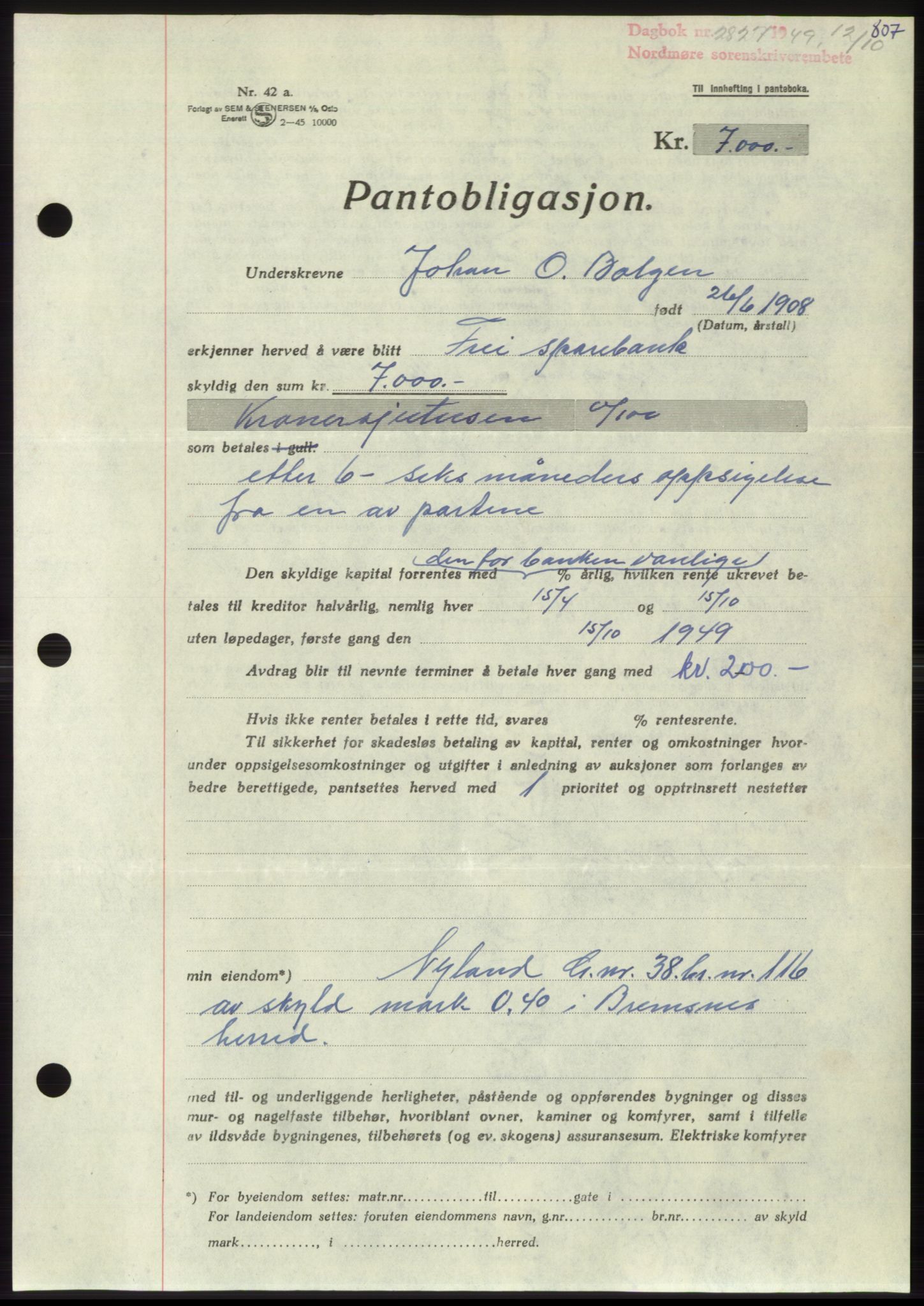 Nordmøre sorenskriveri, AV/SAT-A-4132/1/2/2Ca: Mortgage book no. B102, 1949-1949, Diary no: : 2827/1949