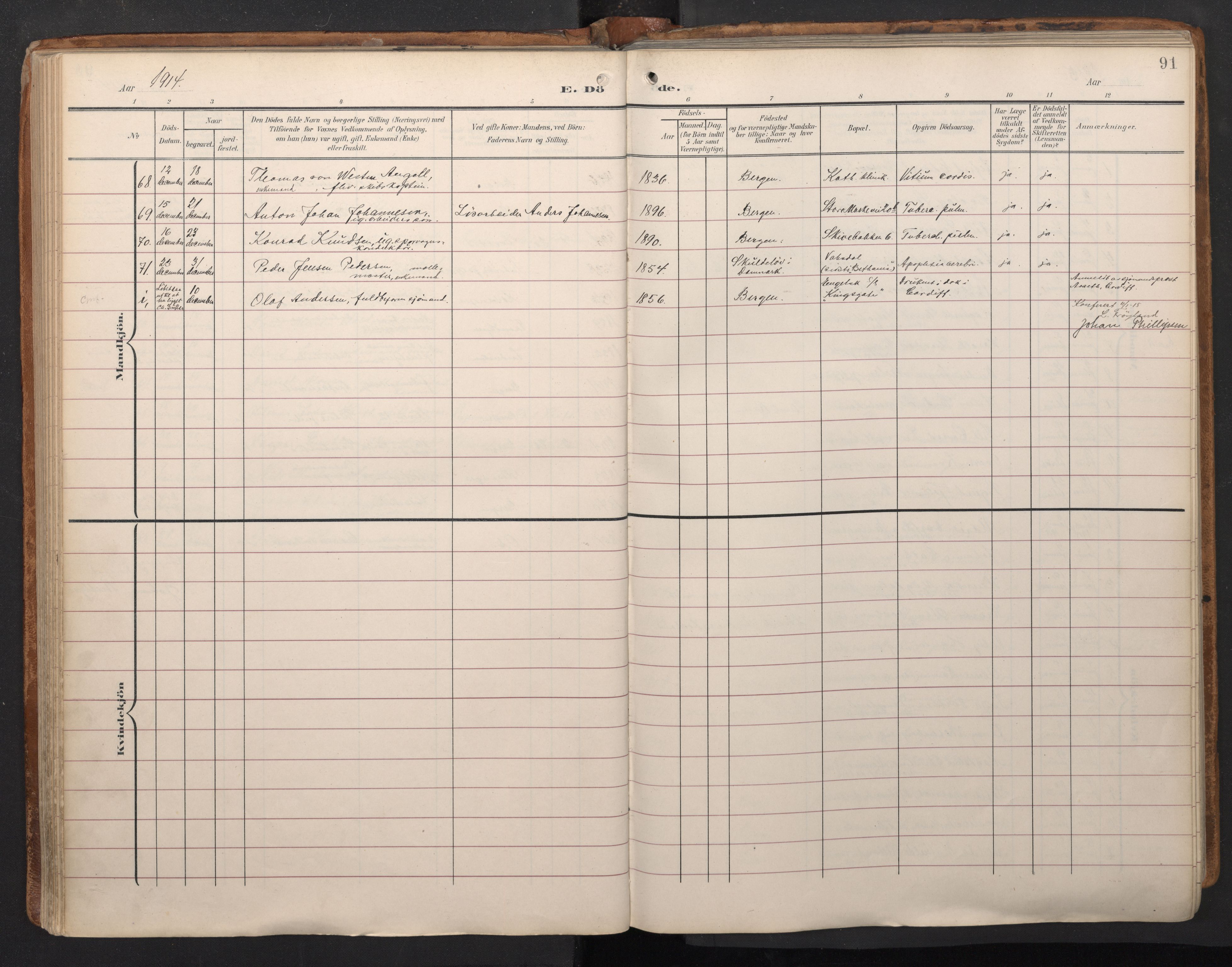 Domkirken sokneprestembete, AV/SAB-A-74801/H/Haa/L0044: Parish register (official) no. E 6, 1904-1946, p. 90b-91a