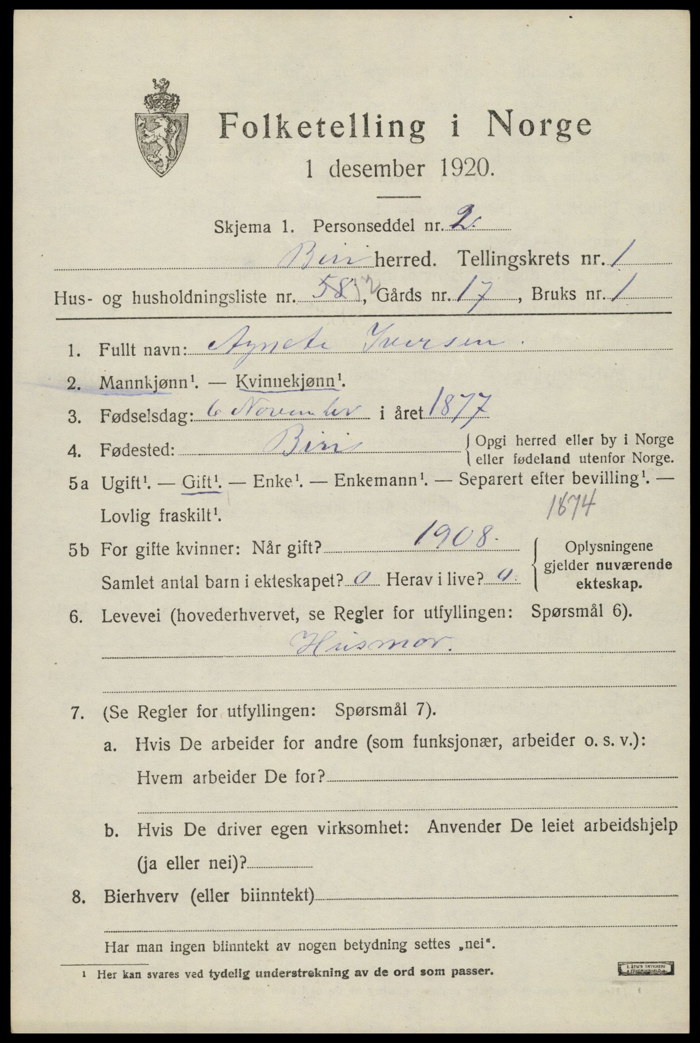 SAH, 1920 census for Biri, 1920, p. 1689