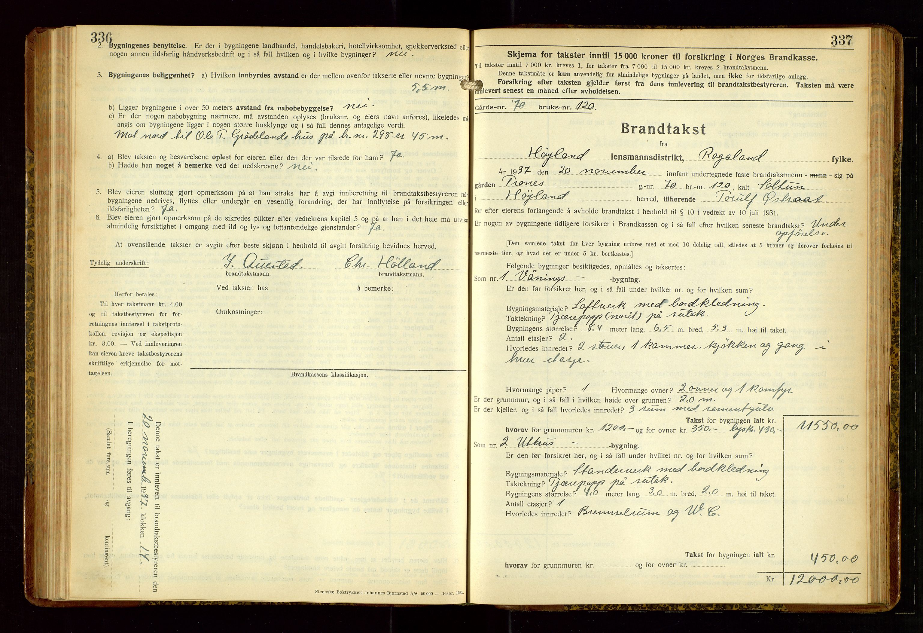 Høyland/Sandnes lensmannskontor, AV/SAST-A-100166/Gob/L0006: "Brandtakstprotokoll", 1936-1938, p. 336-337