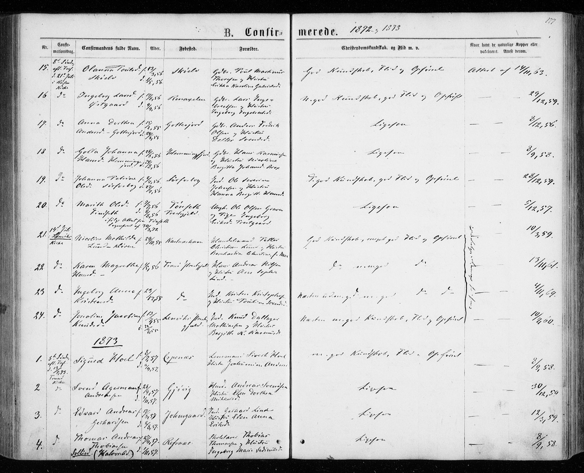 Tranøy sokneprestkontor, SATØ/S-1313/I/Ia/Iaa/L0008kirke: Parish register (official) no. 8, 1867-1877, p. 177