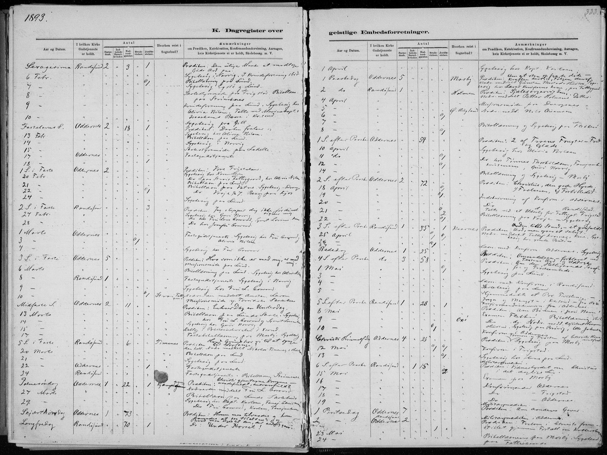 Oddernes sokneprestkontor, SAK/1111-0033/F/Fa/Faa/L0009: Parish register (official) no. A 9, 1884-1896, p. 333