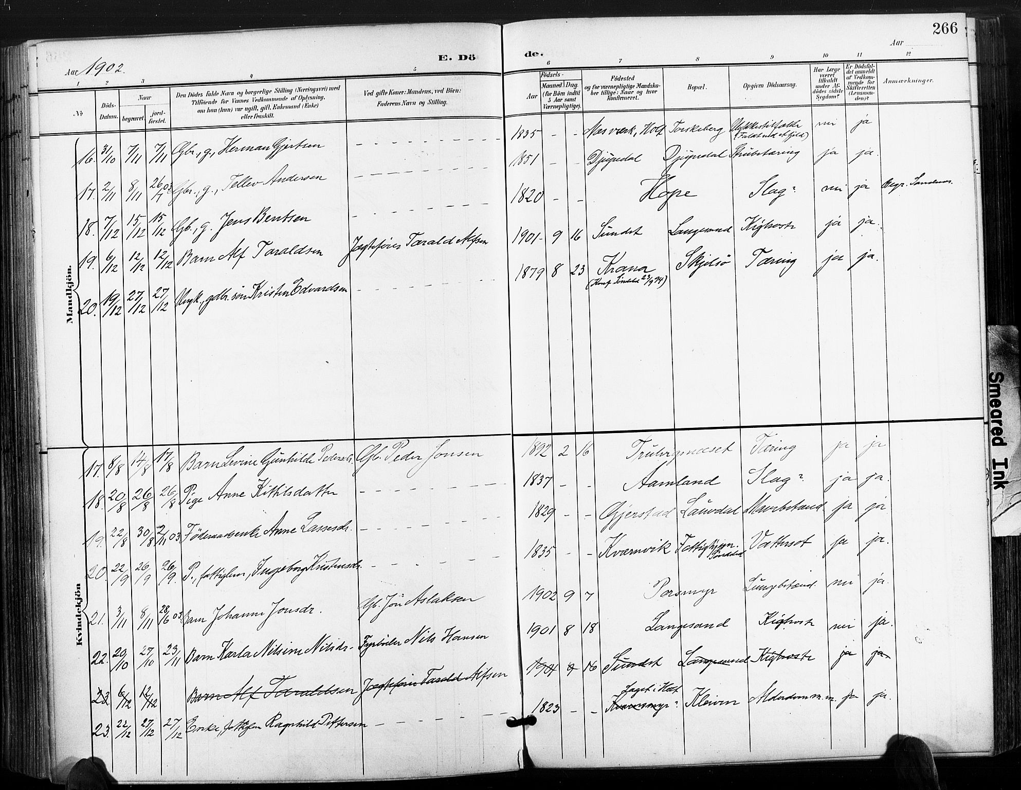 Søndeled sokneprestkontor, SAK/1111-0038/F/Fa/L0006: Parish register (official) no. A 6, 1900-1922, p. 266