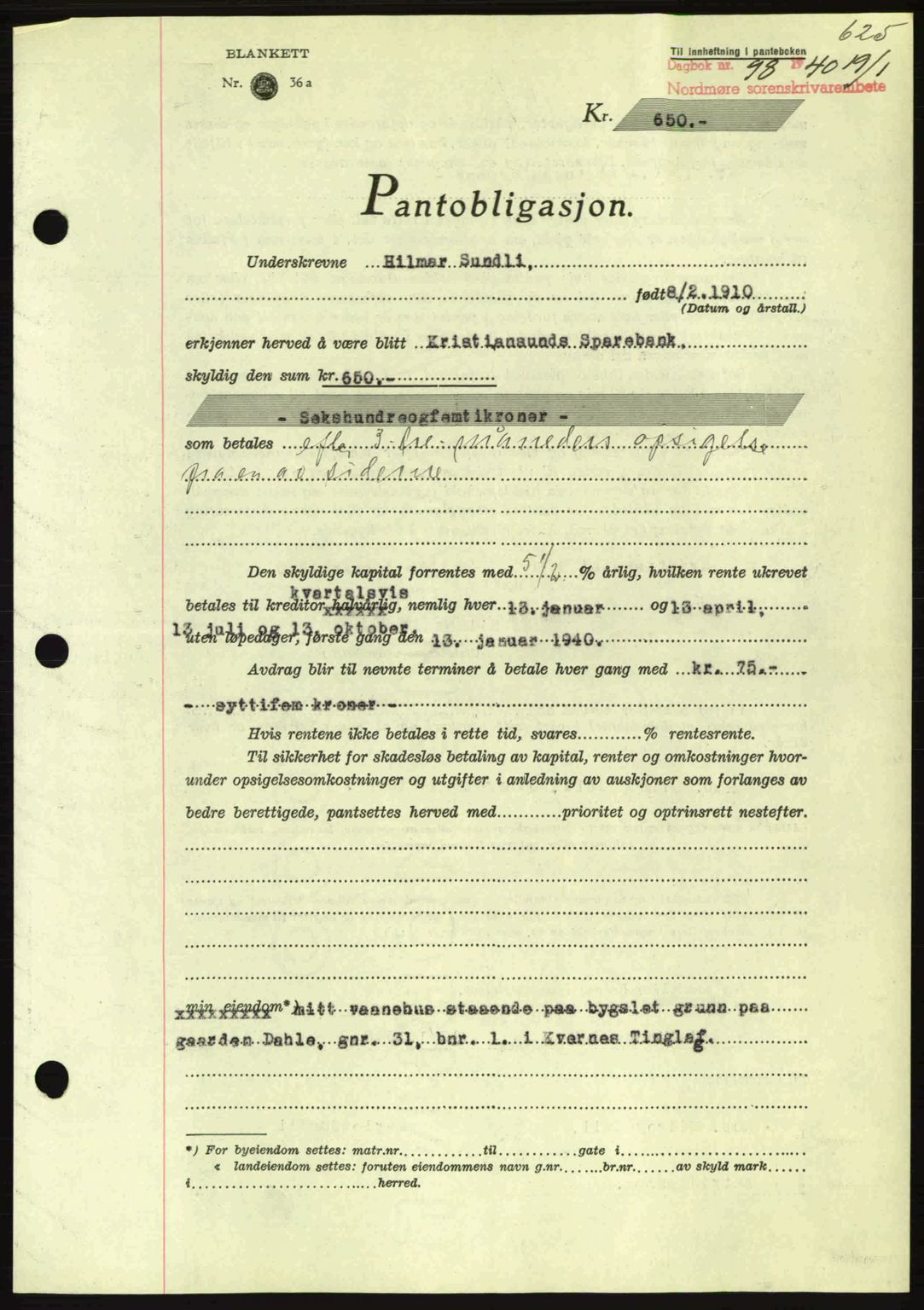 Nordmøre sorenskriveri, AV/SAT-A-4132/1/2/2Ca: Mortgage book no. B86, 1939-1940, Diary no: : 98/1940