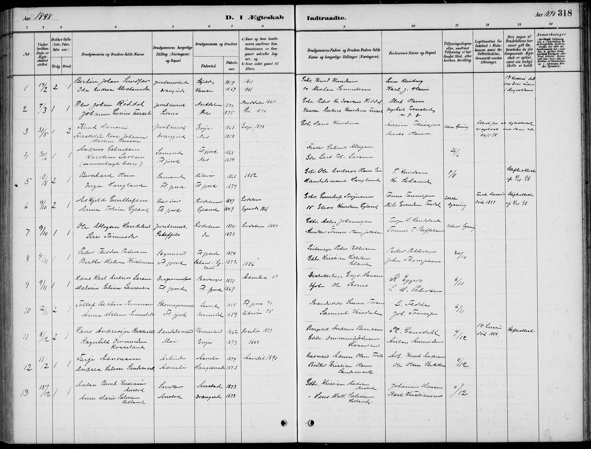 Flekkefjord sokneprestkontor, SAK/1111-0012/F/Fb/Fbc/L0007: Parish register (copy) no. B 7, 1880-1902, p. 318