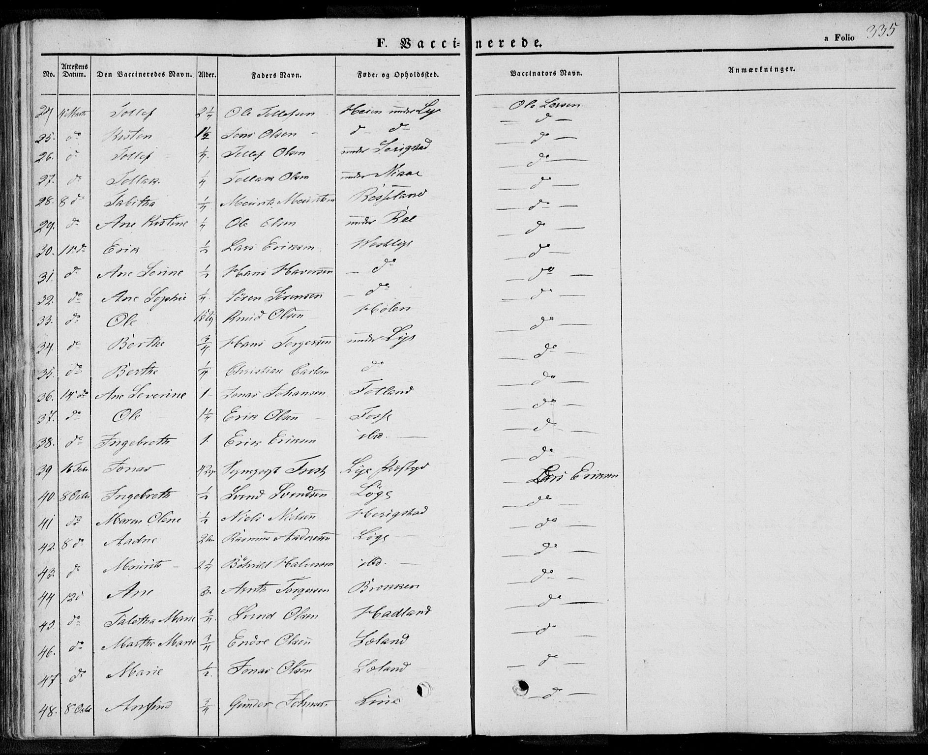 Lye sokneprestkontor, AV/SAST-A-101794/001/30BA/L0006: Parish register (official) no. A 5.2, 1842-1855, p. 335