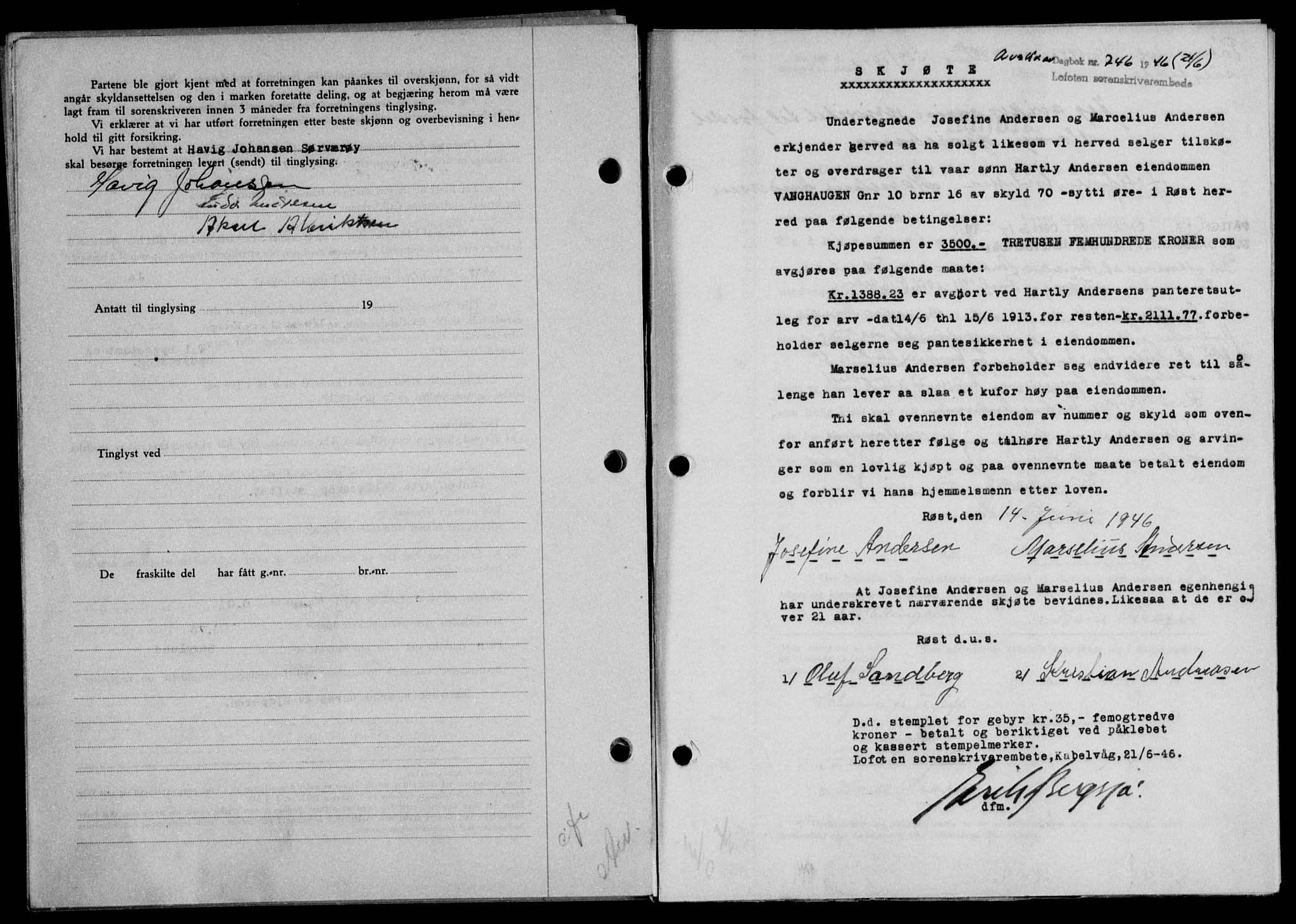 Lofoten sorenskriveri, SAT/A-0017/1/2/2C/L0014a: Mortgage book no. 14a, 1946-1946, Diary no: : 746/1946