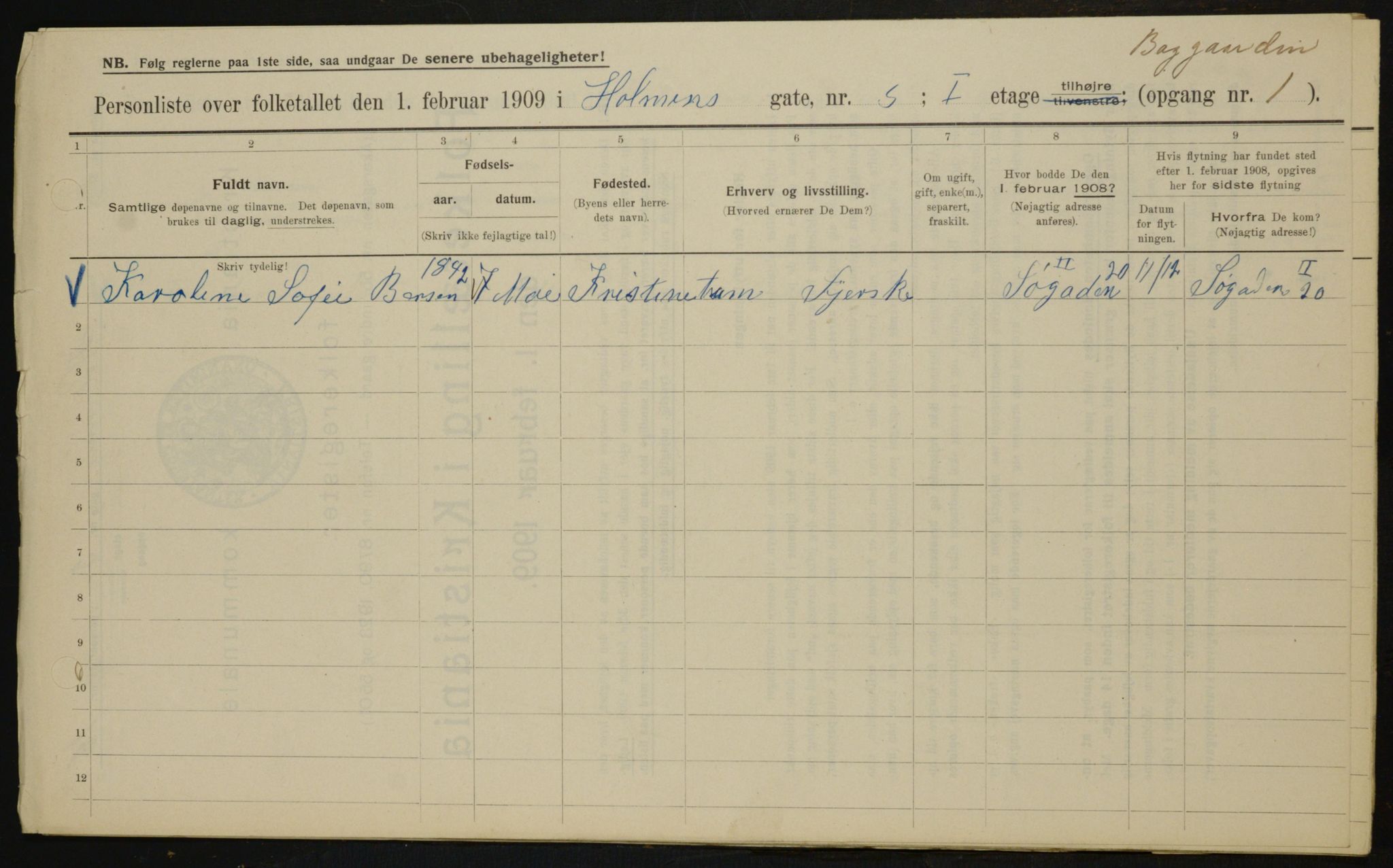 OBA, Municipal Census 1909 for Kristiania, 1909, p. 37031