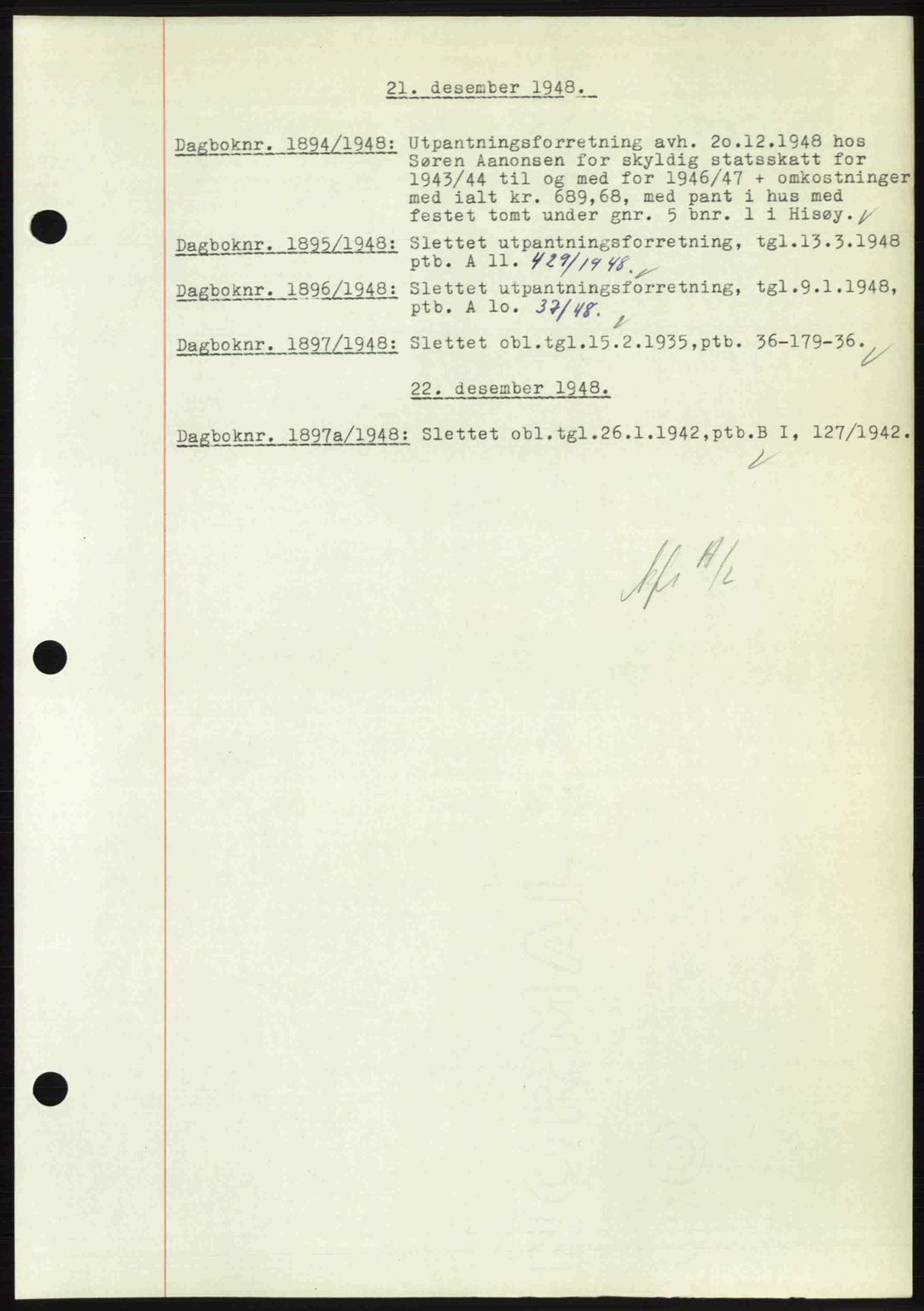 Nedenes sorenskriveri, SAK/1221-0006/G/Gb/Gba/L0060: Mortgage book no. A12, 1948-1949, Diary no: : 1894/1948