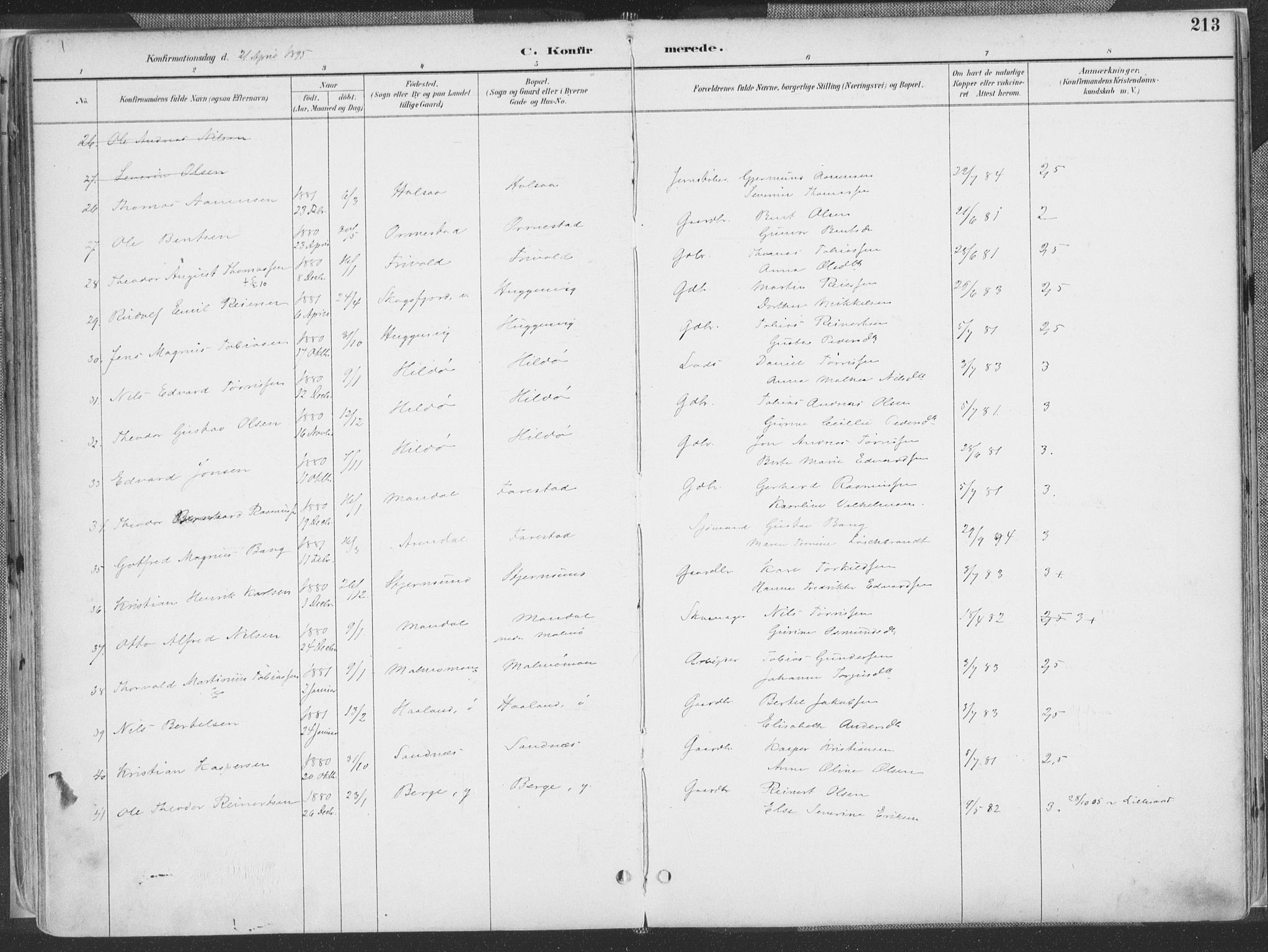 Mandal sokneprestkontor, SAK/1111-0030/F/Fa/Faa/L0018: Parish register (official) no. A 18, 1890-1905, p. 213