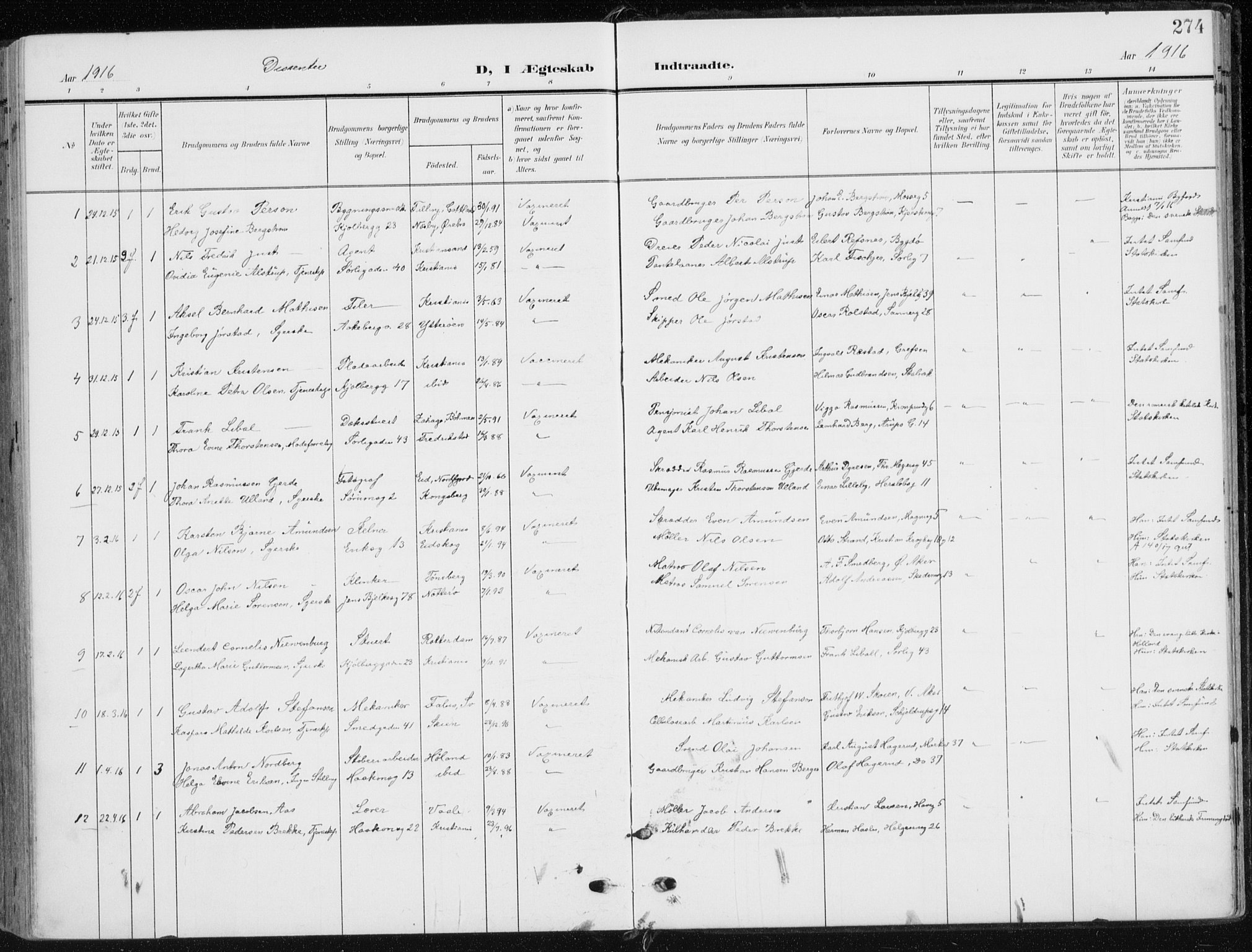 Kampen prestekontor Kirkebøker, SAO/A-10853/F/Fa/L0011: Parish register (official) no. I 11, 1907-1917, p. 274