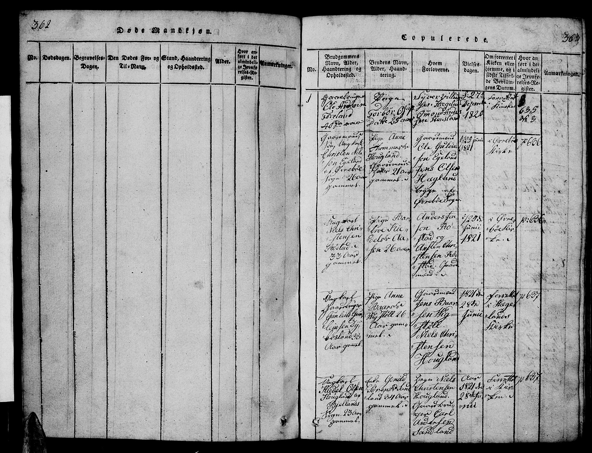 Vennesla sokneprestkontor, SAK/1111-0045/Fb/Fba/L0001: Parish register (copy) no. B 1, 1820-1834, p. 362-363