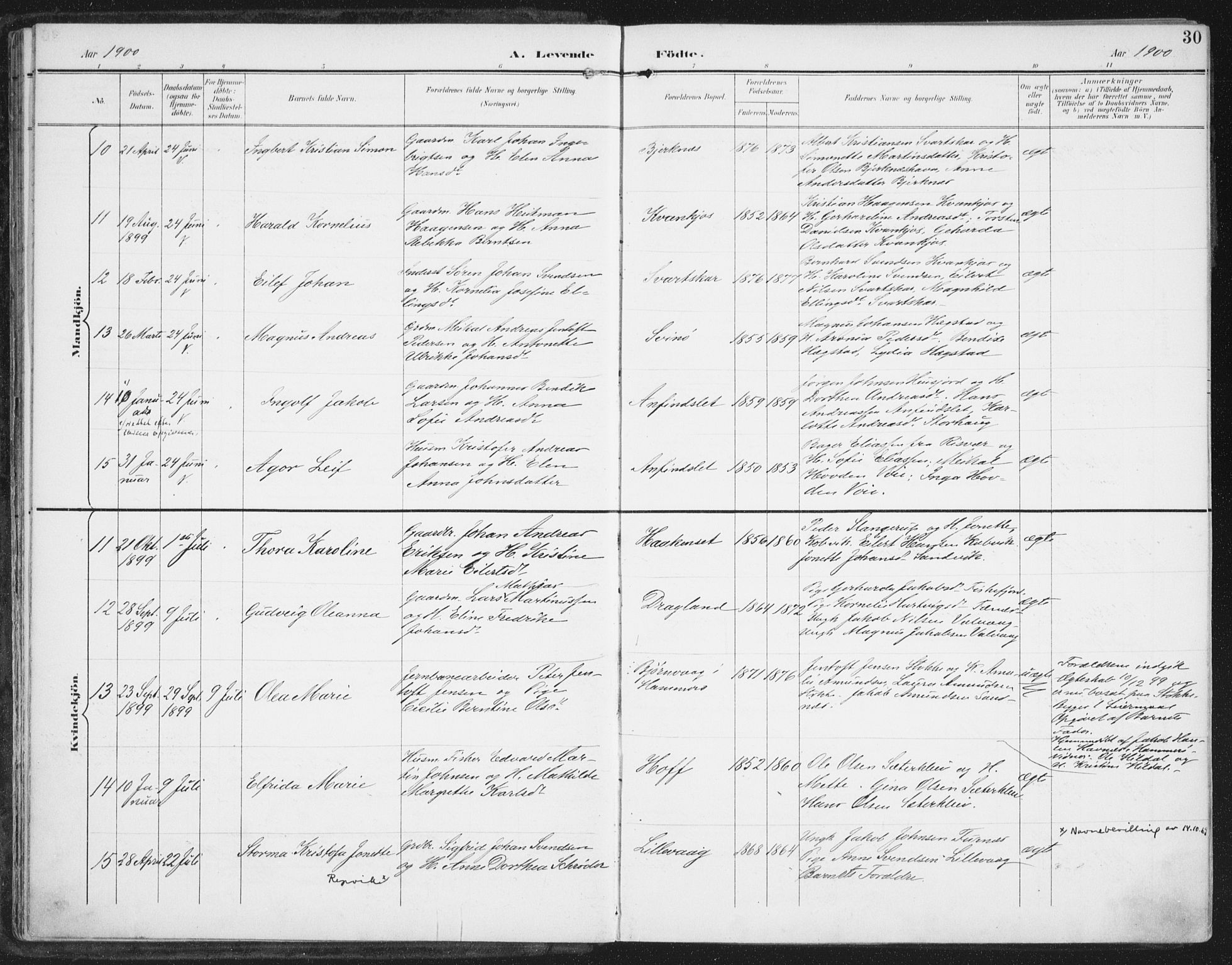 Ministerialprotokoller, klokkerbøker og fødselsregistre - Nordland, AV/SAT-A-1459/872/L1036: Parish register (official) no. 872A11, 1897-1913, p. 30