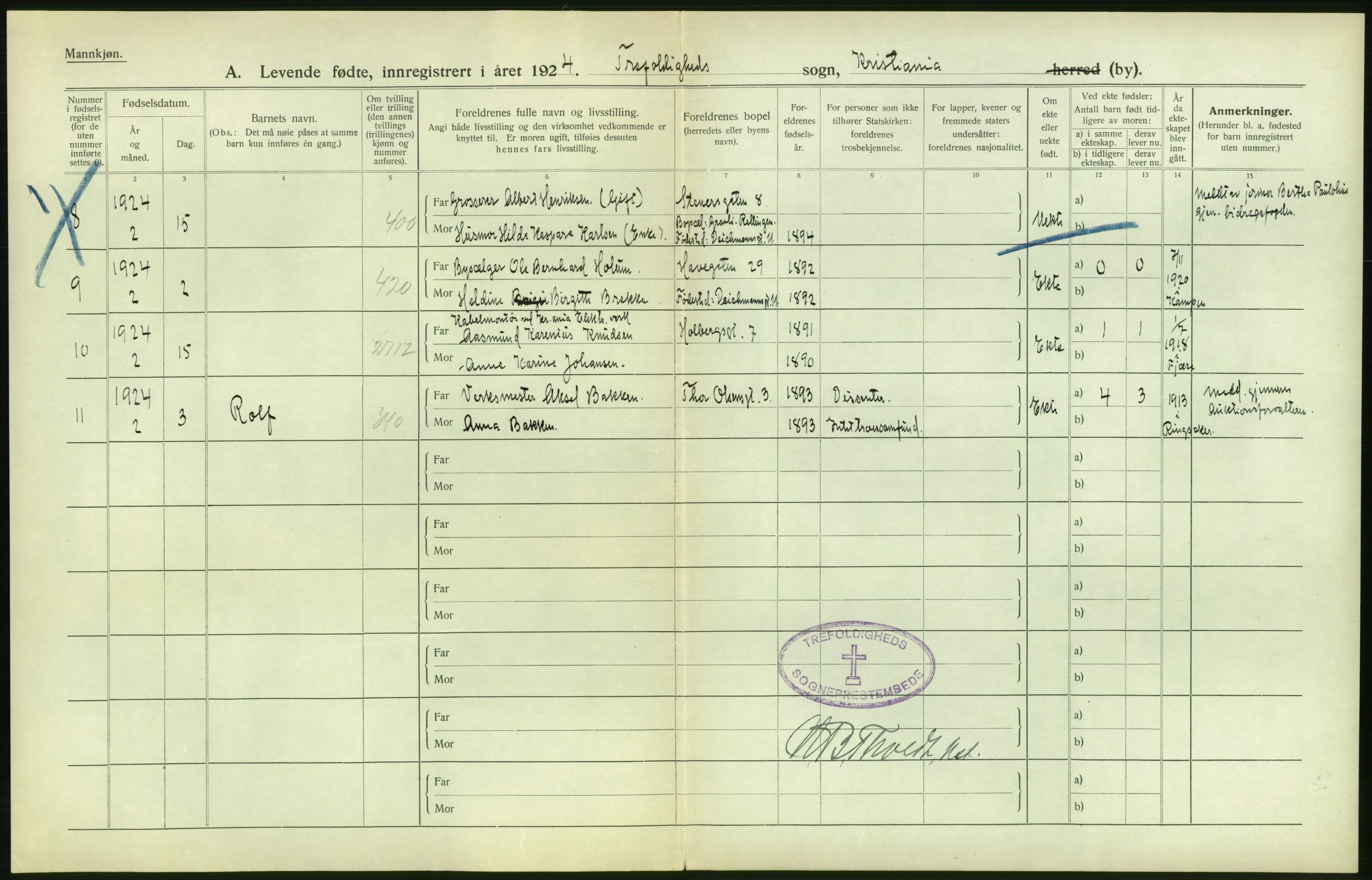 Statistisk sentralbyrå, Sosiodemografiske emner, Befolkning, AV/RA-S-2228/D/Df/Dfc/Dfcd/L0005: Kristiania: Levendefødte menn., 1924, p. 44