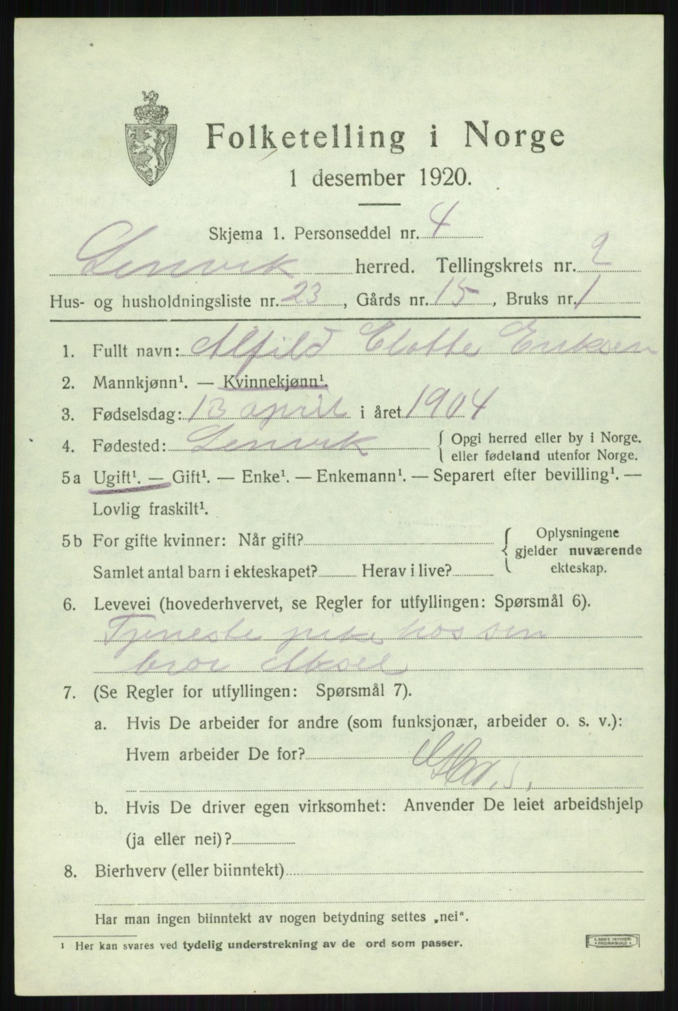 SATØ, 1920 census for Lenvik, 1920, p. 4244
