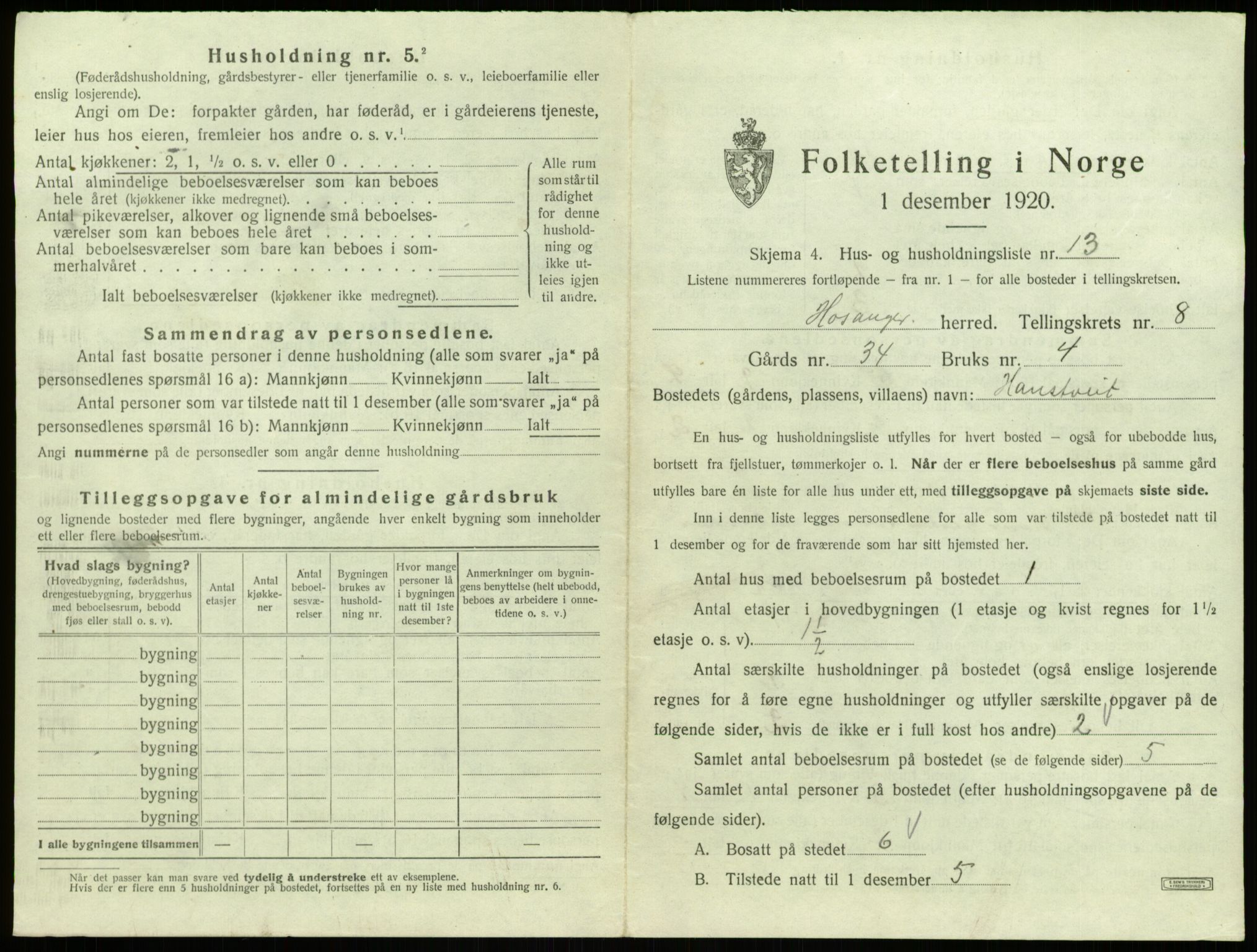 SAB, 1920 census for Hosanger, 1920, p. 450