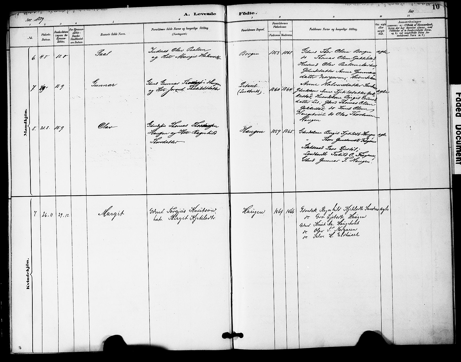 Bygland sokneprestkontor, SAK/1111-0006/F/Fa/Fac/L0001: Parish register (official) no. A 1, 1885-1909, p. 10