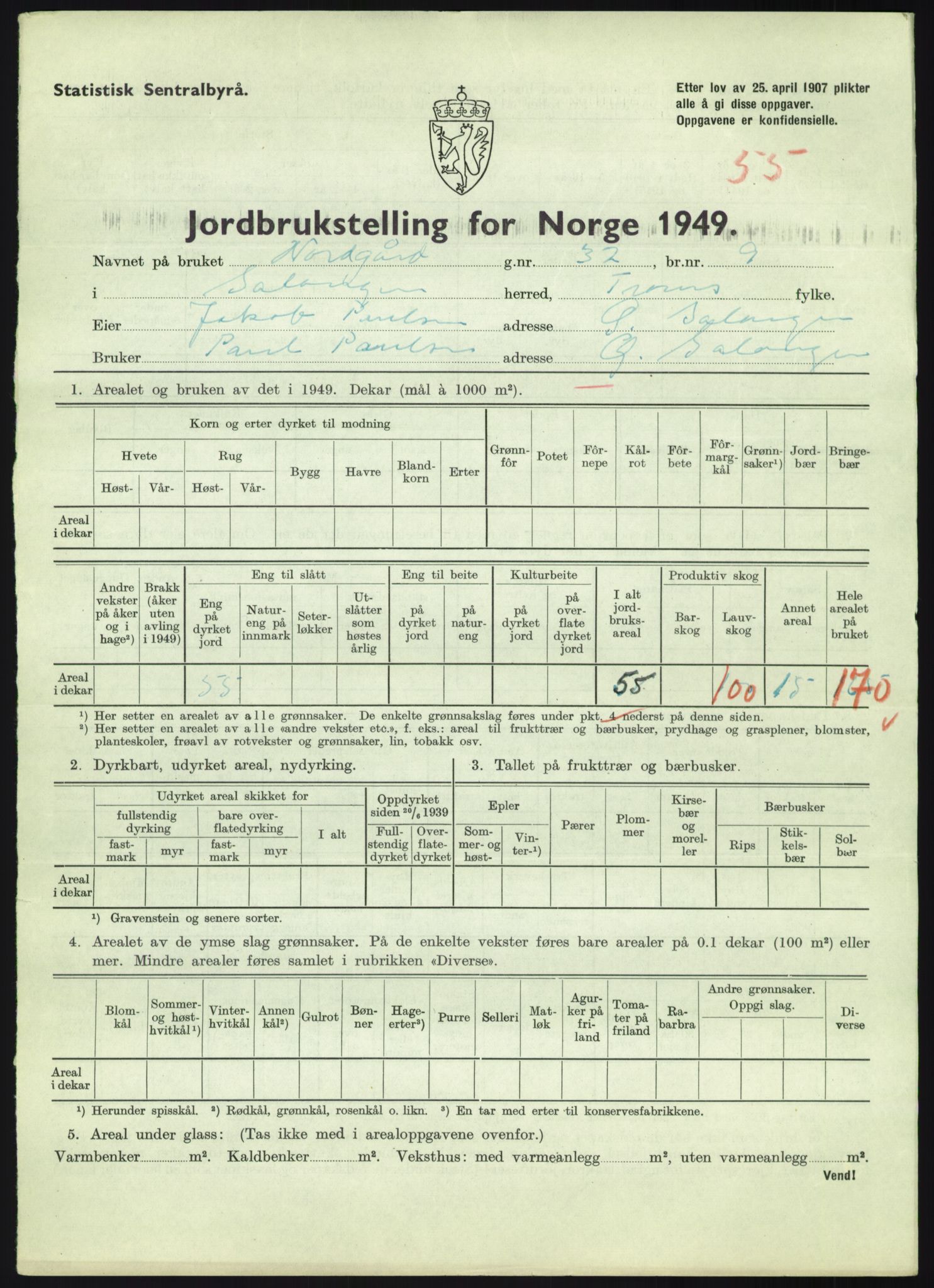 Statistisk sentralbyrå, Næringsøkonomiske emner, Jordbruk, skogbruk, jakt, fiske og fangst, AV/RA-S-2234/G/Gc/L0438: Troms: Salangen og Bardu, 1949, p. 852