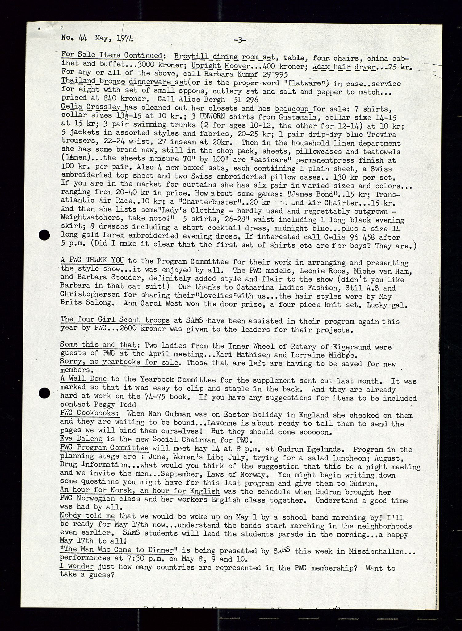 PA 1547 - Petroleum Wives Club, AV/SAST-A-101974/X/Xa/L0001: Newsletters (1971-1978)/radiointervjuer på kasett (1989-1992), 1970-1978