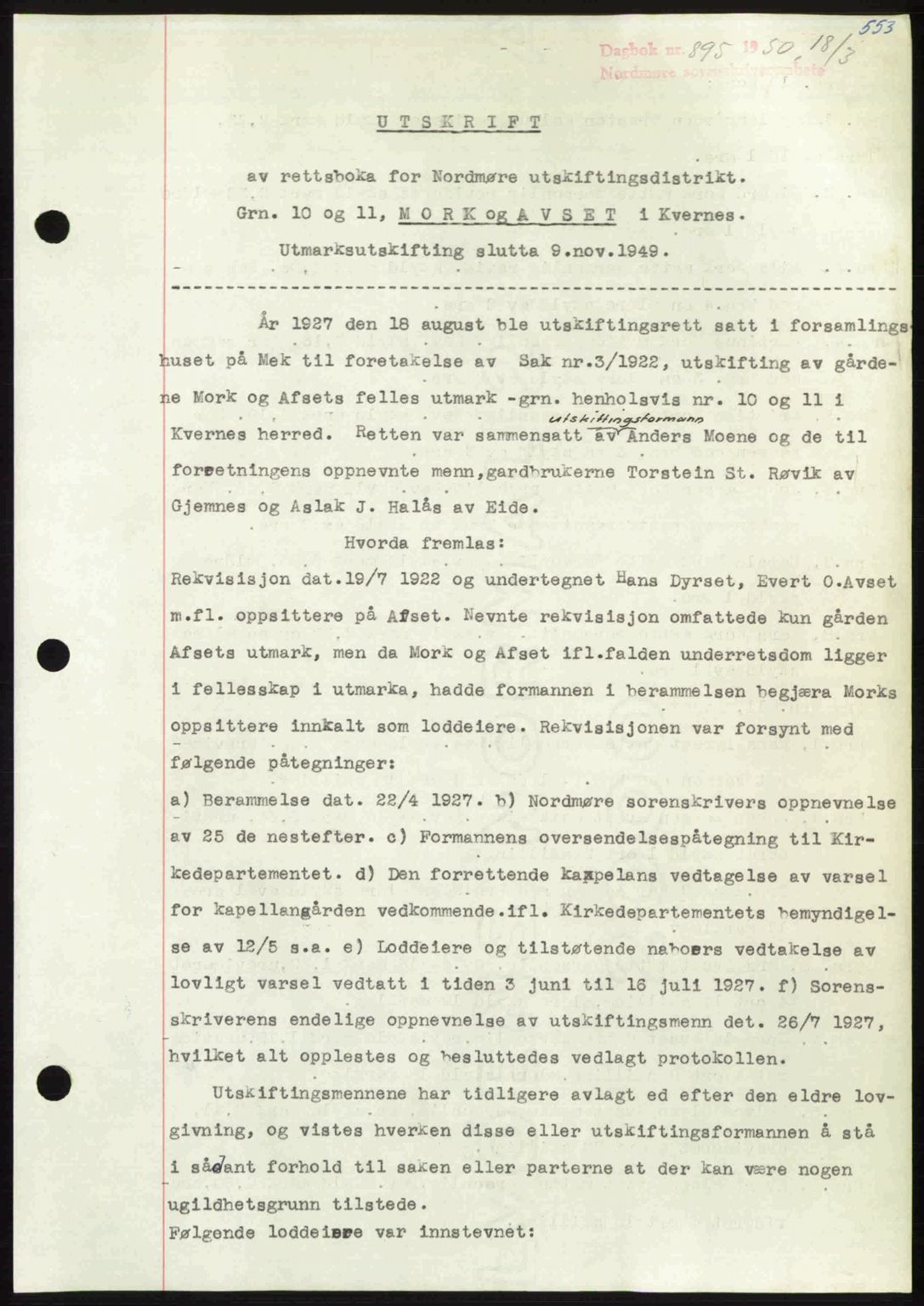 Nordmøre sorenskriveri, AV/SAT-A-4132/1/2/2Ca: Mortgage book no. A114, 1950-1950, Diary no: : 895/1950