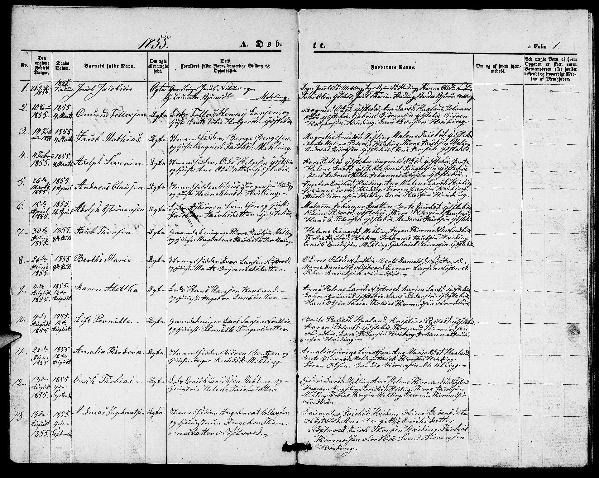 Rennesøy sokneprestkontor, SAST/A -101827/H/Ha/Hab/L0003: Parish register (copy) no. B 3, 1855-1888, p. 1