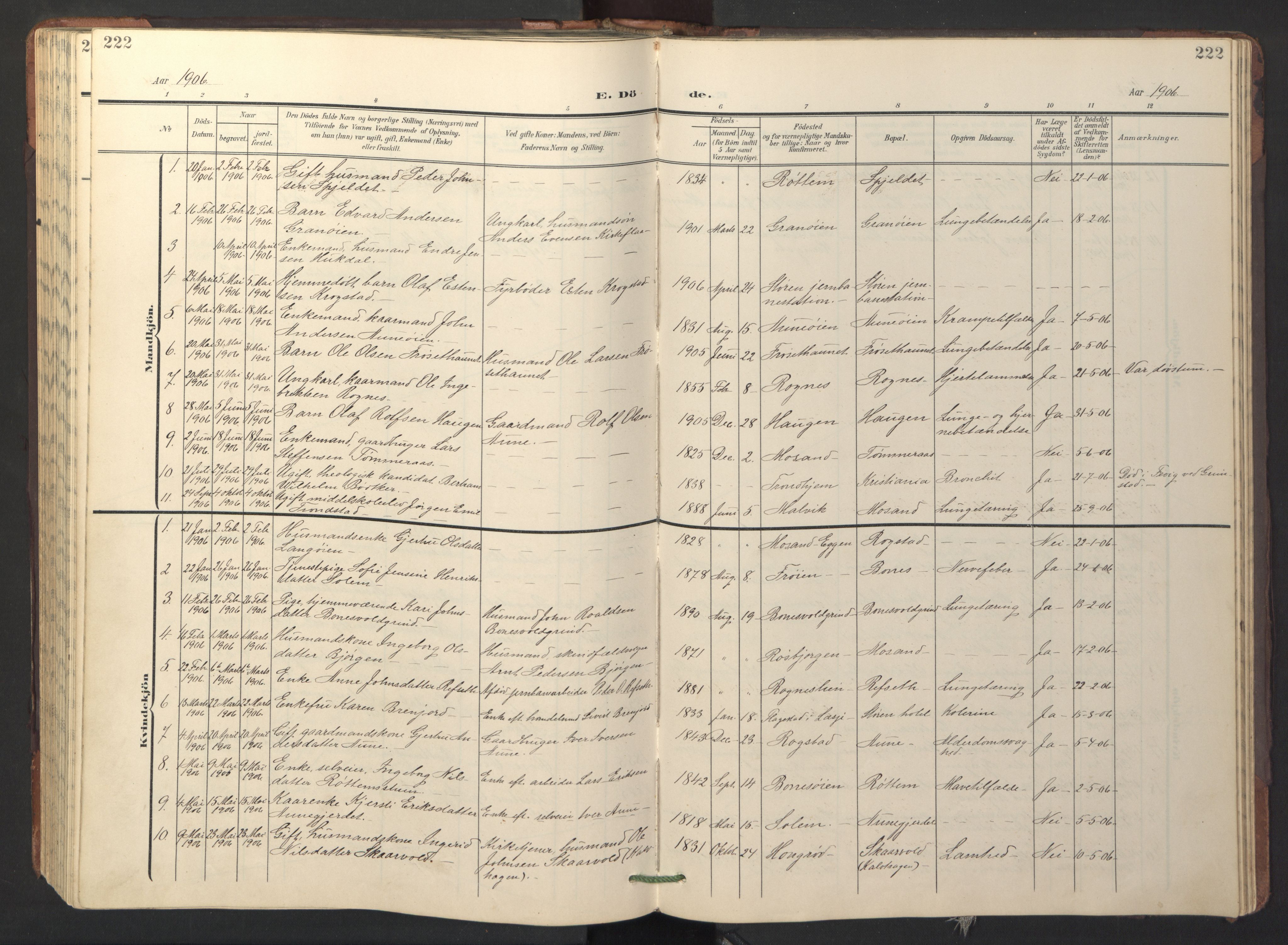 Ministerialprotokoller, klokkerbøker og fødselsregistre - Sør-Trøndelag, SAT/A-1456/687/L1019: Parish register (copy) no. 687C03, 1904-1931, p. 222