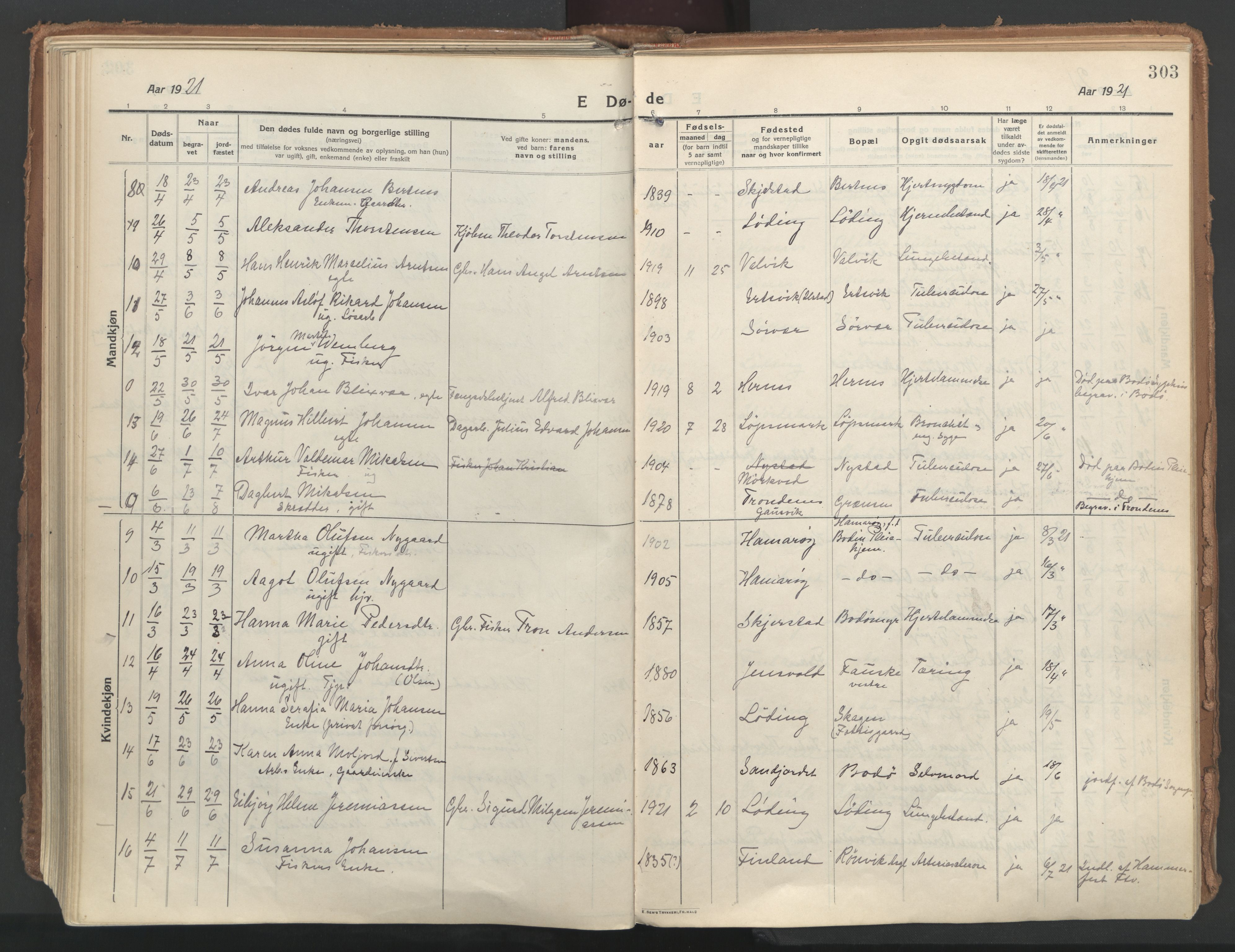 Ministerialprotokoller, klokkerbøker og fødselsregistre - Nordland, AV/SAT-A-1459/802/L0060: Parish register (official) no. 802A07, 1916-1933, p. 303