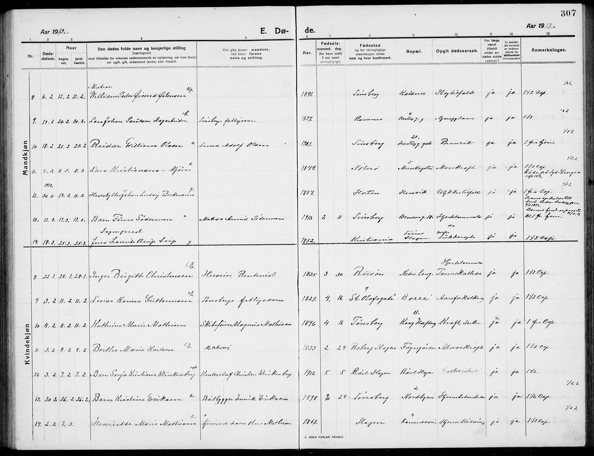 Tønsberg kirkebøker, SAKO/A-330/G/Ga/L0009: Parish register (copy) no. 9, 1913-1920, p. 307