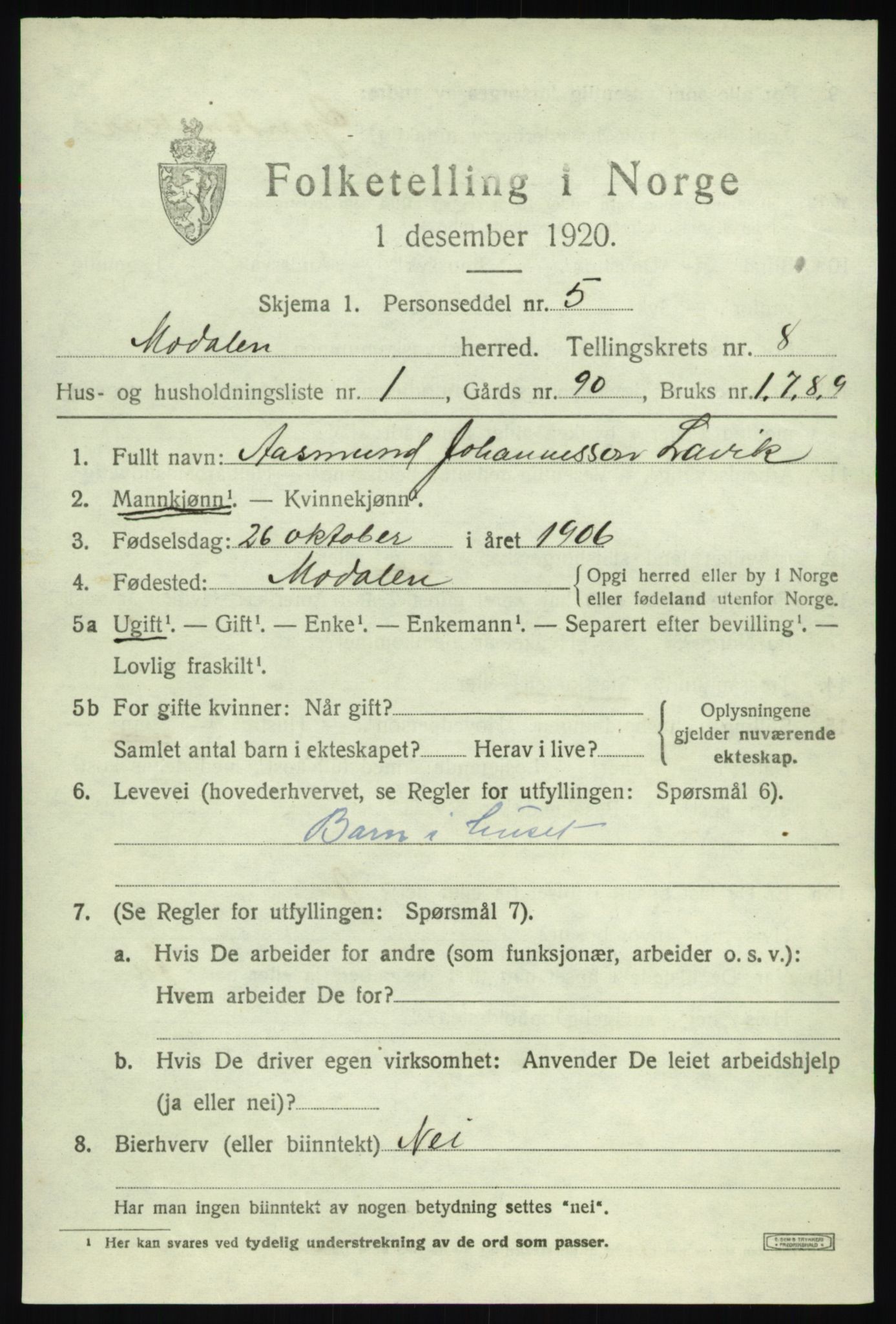 SAB, 1920 census for Modalen, 1920, p. 1462