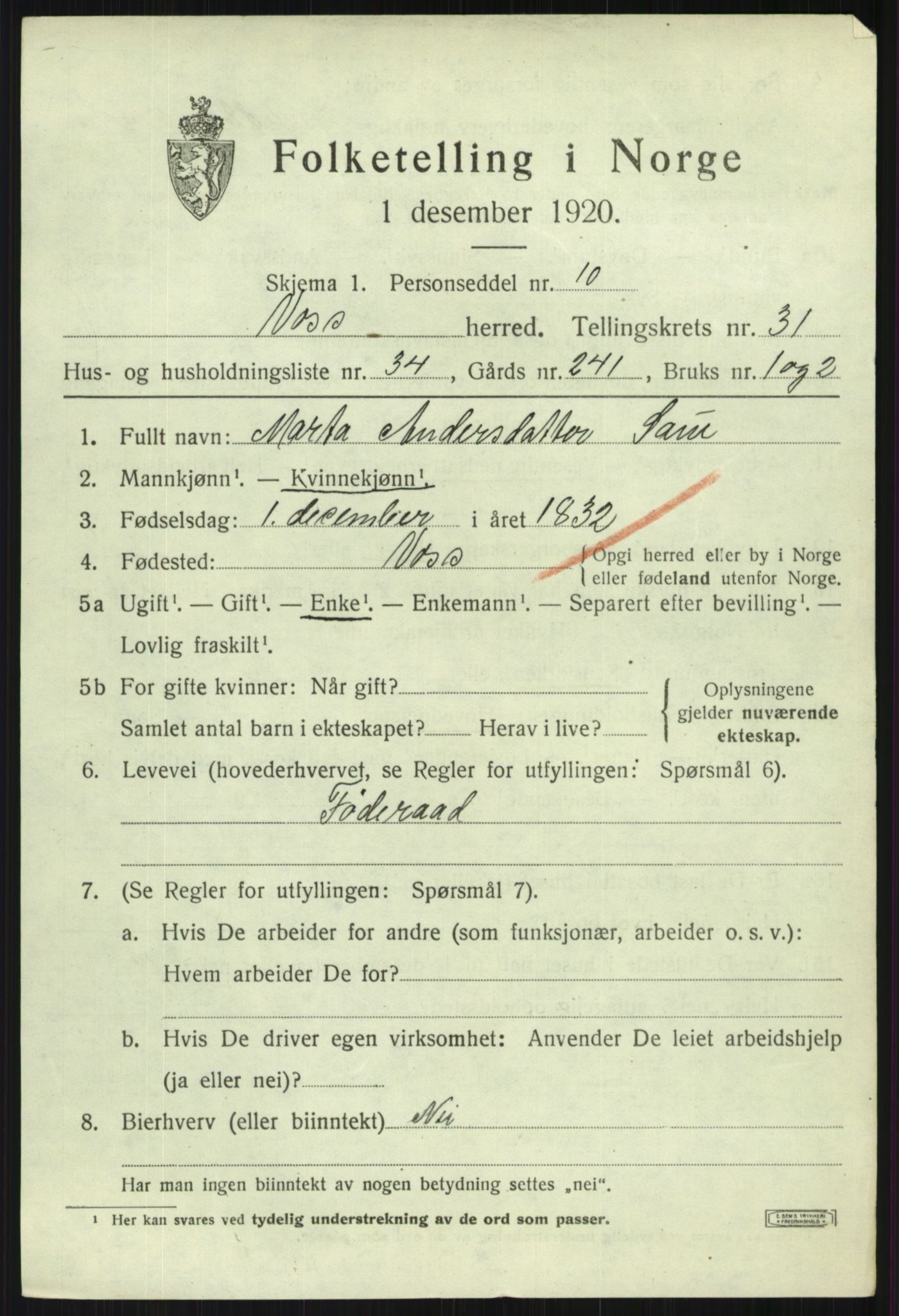 SAB, 1920 census for Voss, 1920, p. 20319