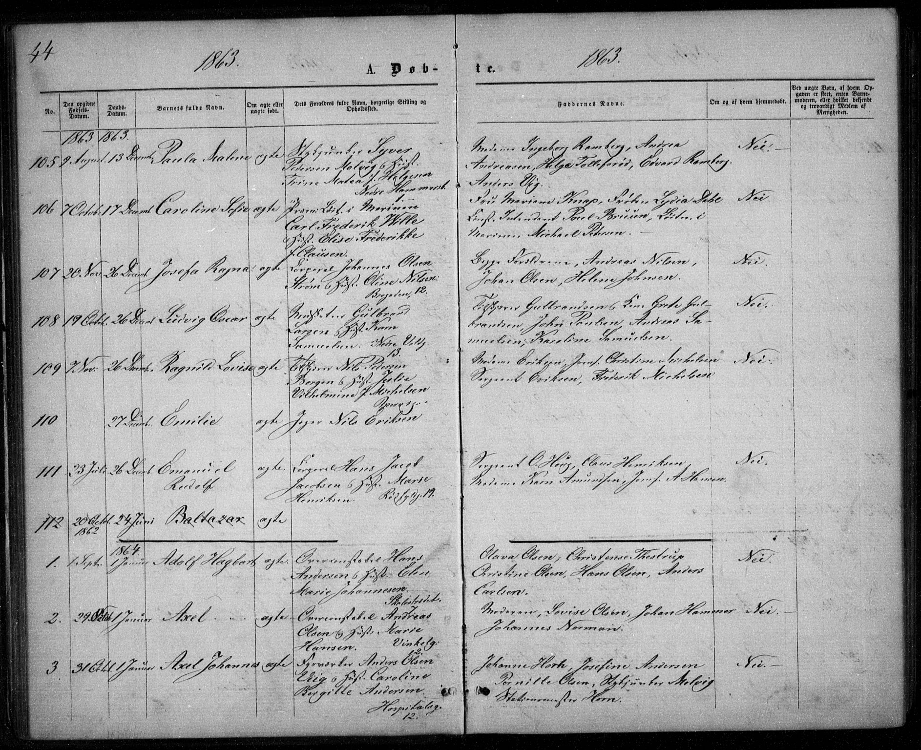 Garnisonsmenigheten Kirkebøker, SAO/A-10846/G/Ga/L0006: Parish register (copy) no. 6, 1860-1880, p. 44