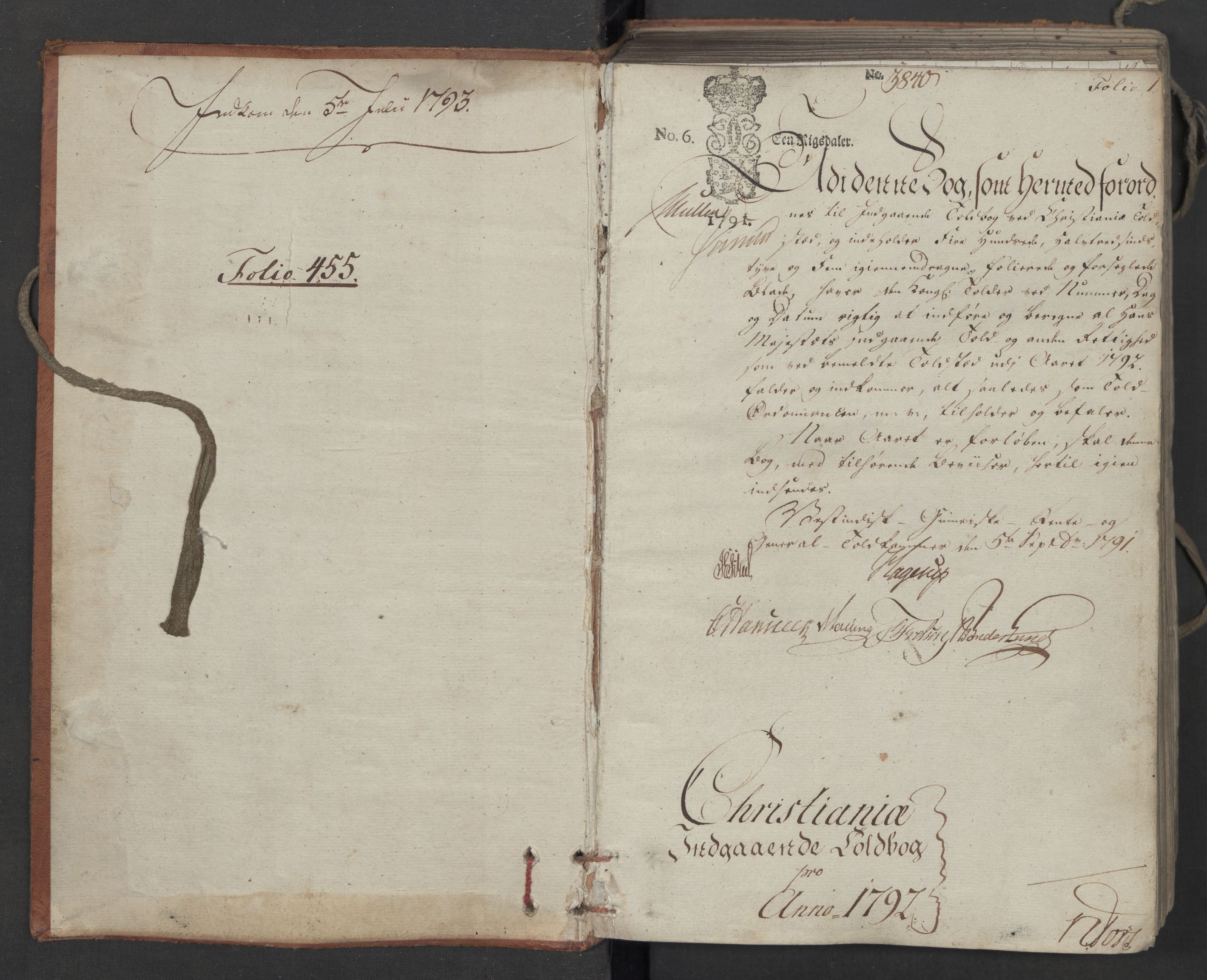 Generaltollkammeret, tollregnskaper, RA/EA-5490/R06/L0186a/0001: Tollregnskaper Kristiania / Inngående tollbok, 1790-1792, p. 1a